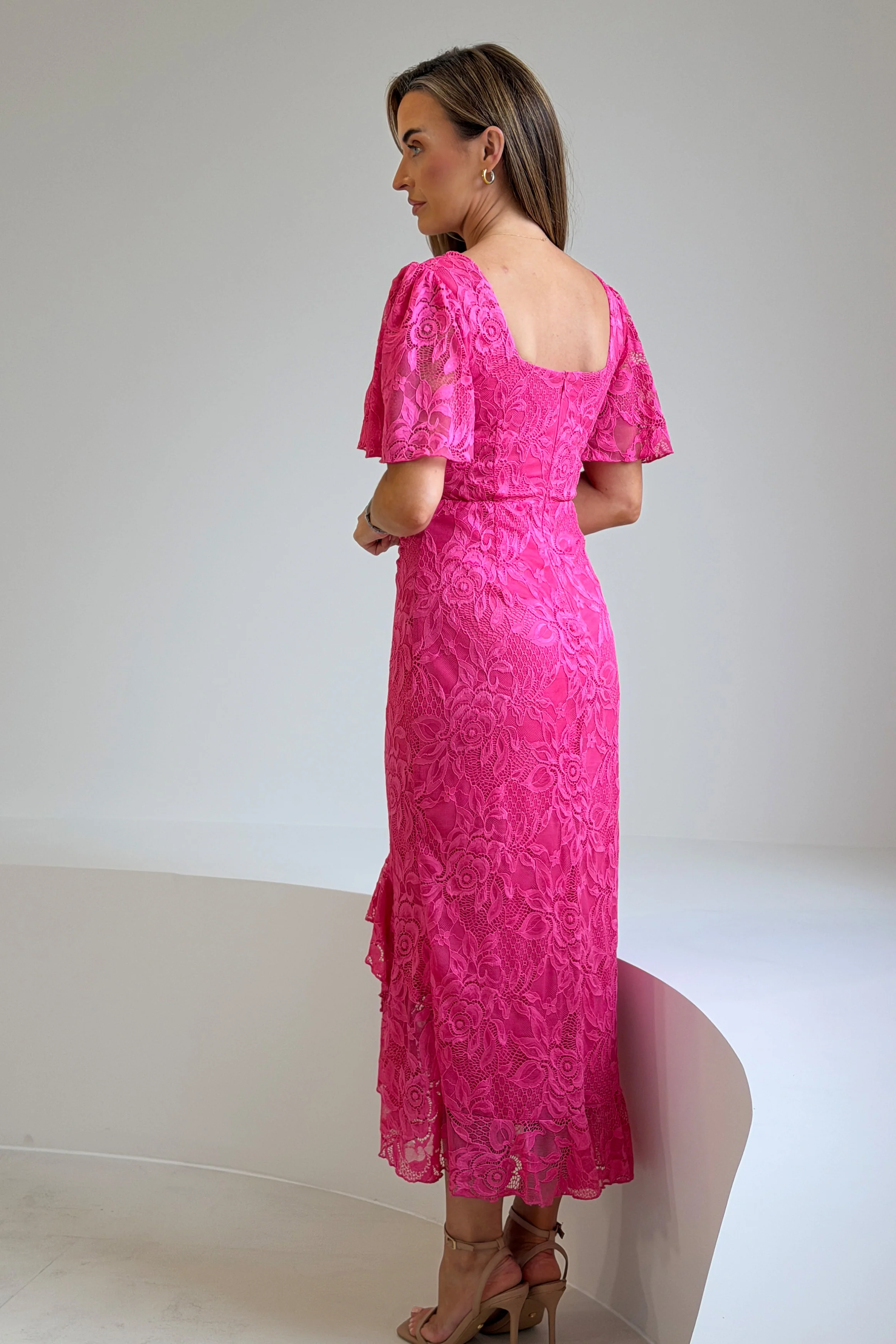 Heidi Lace Ruched Midi Dress Pink - Image 6