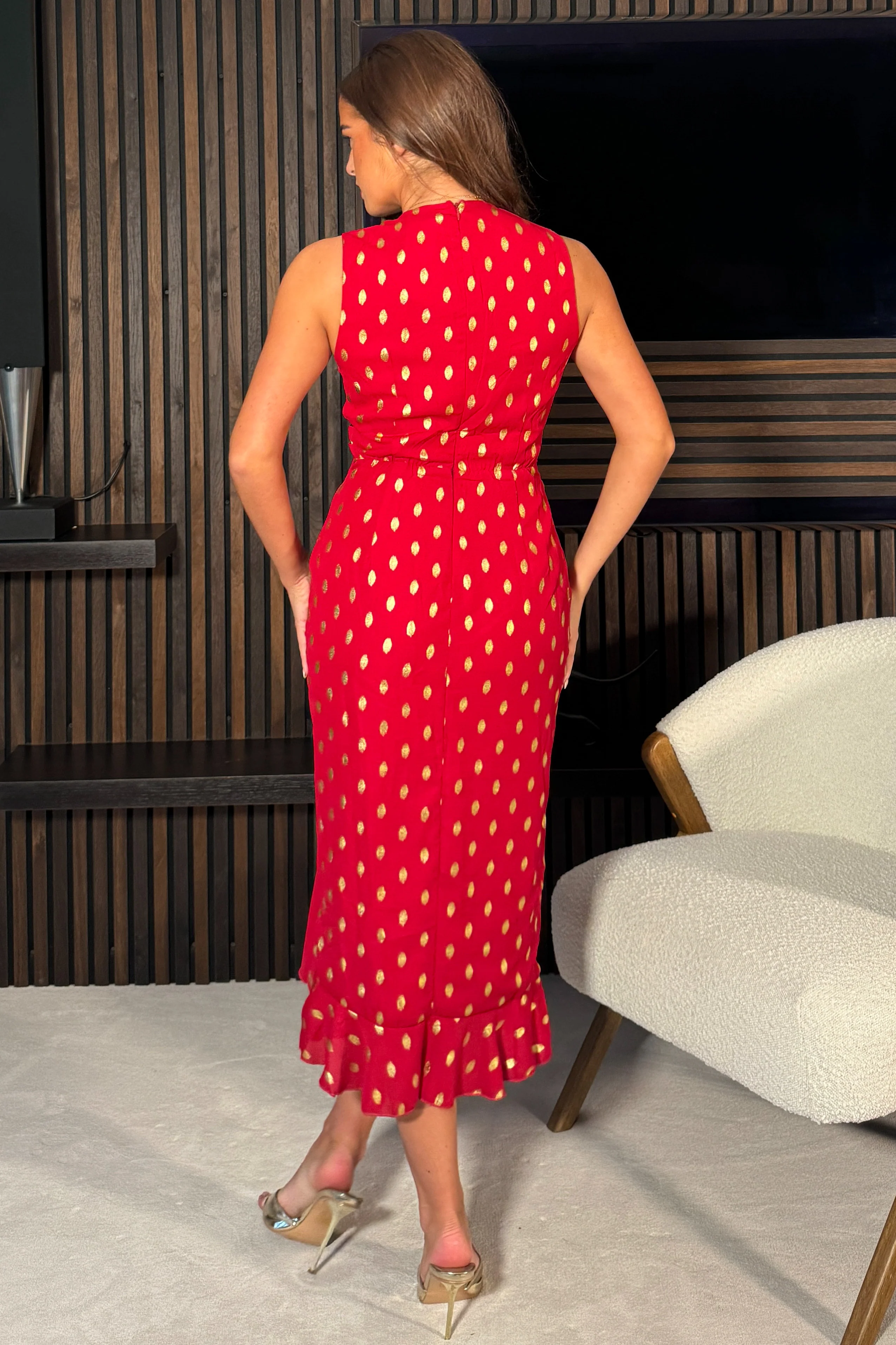 Hendrix Red Asymmetric Wrap Midi Dress - Image 4