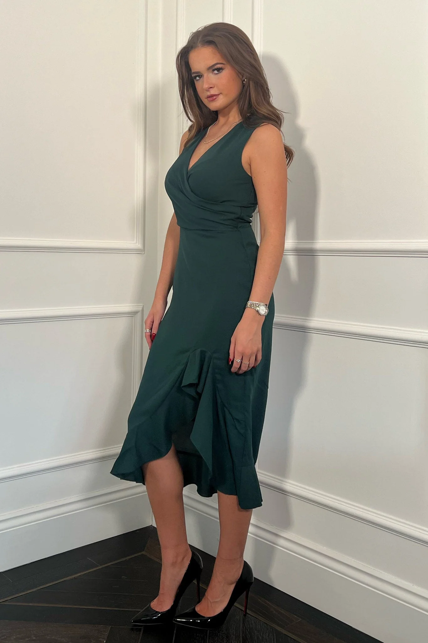 Hendrix Green Asymmetric Wrap Midi Dress - Image 3