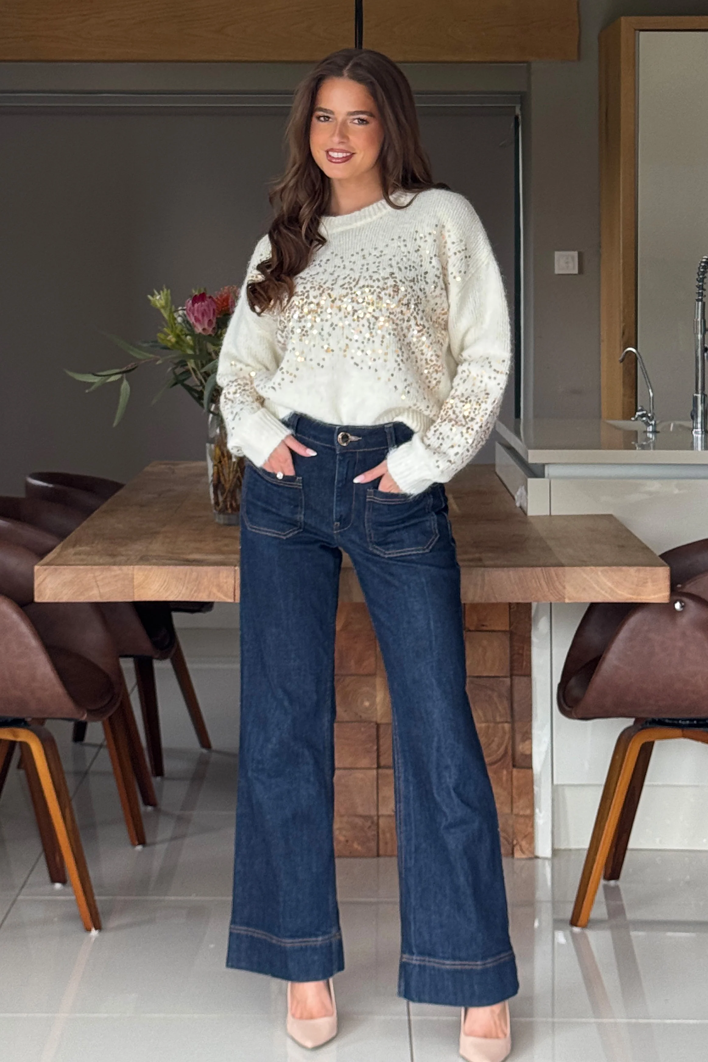 Hina Sequin Knit Jumper Cream - Image 2