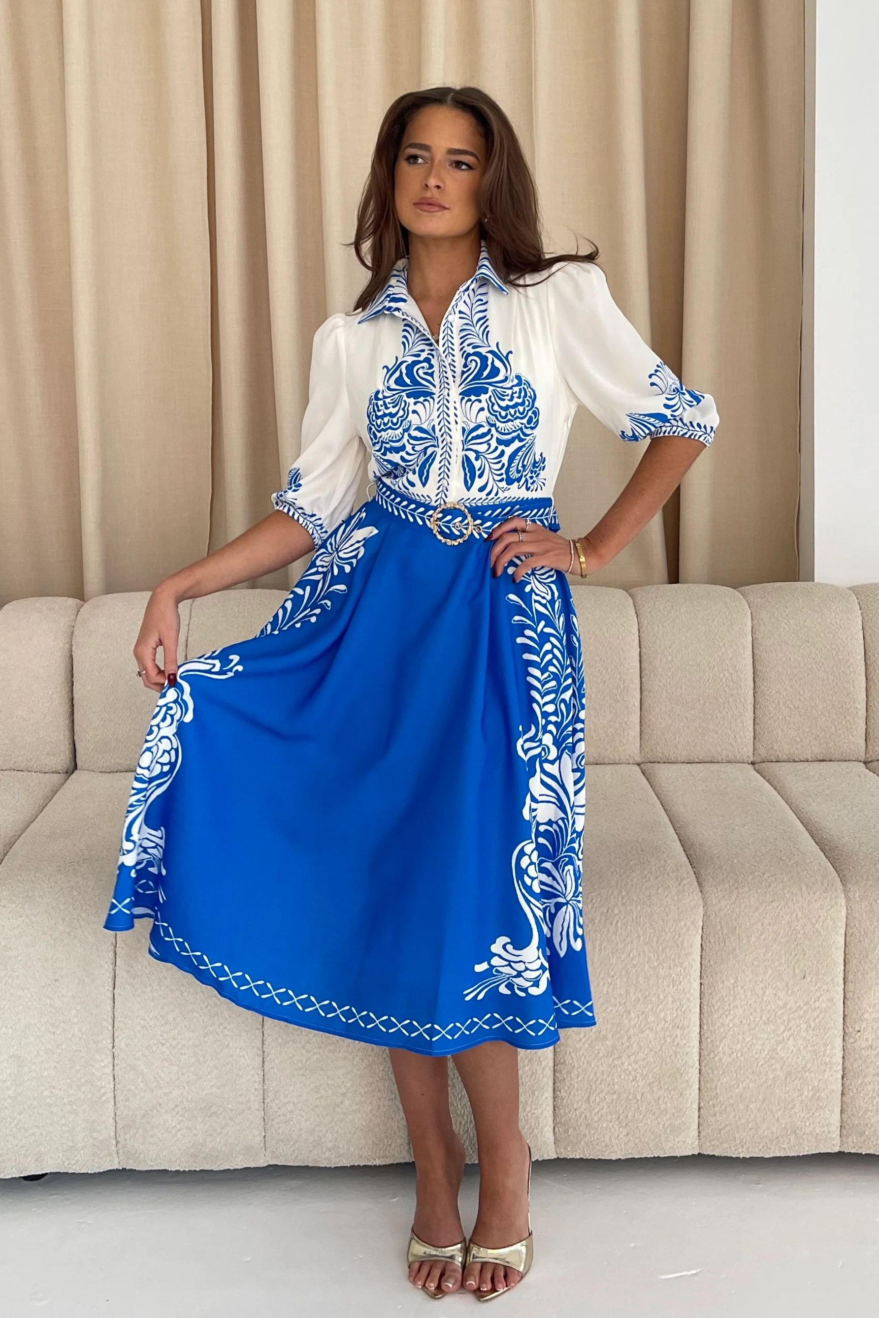 Holland Blue And White Paisley Print Midi Dress - Image 4