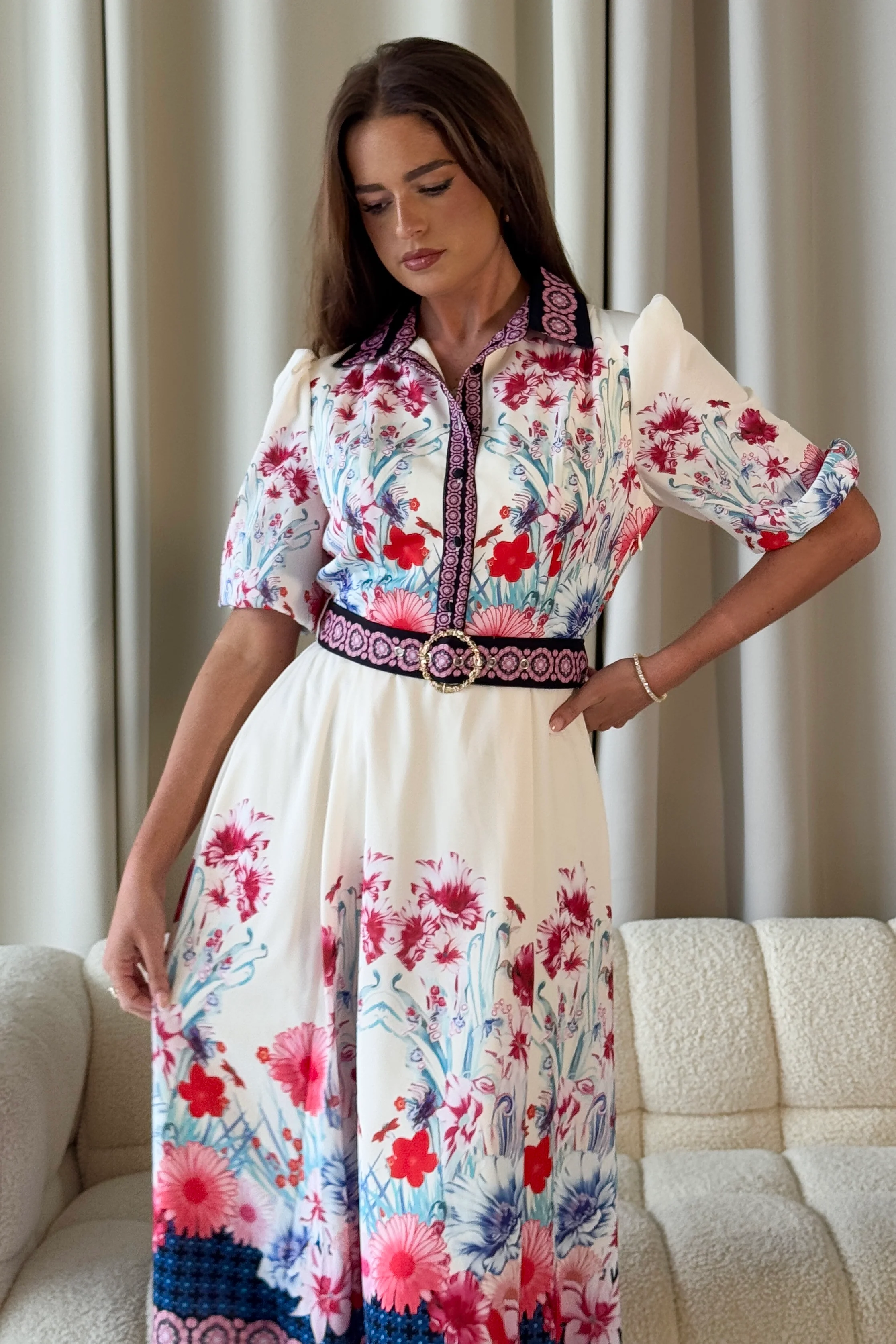 Holland Cream Floral Border Print Midi Dress - Image 3