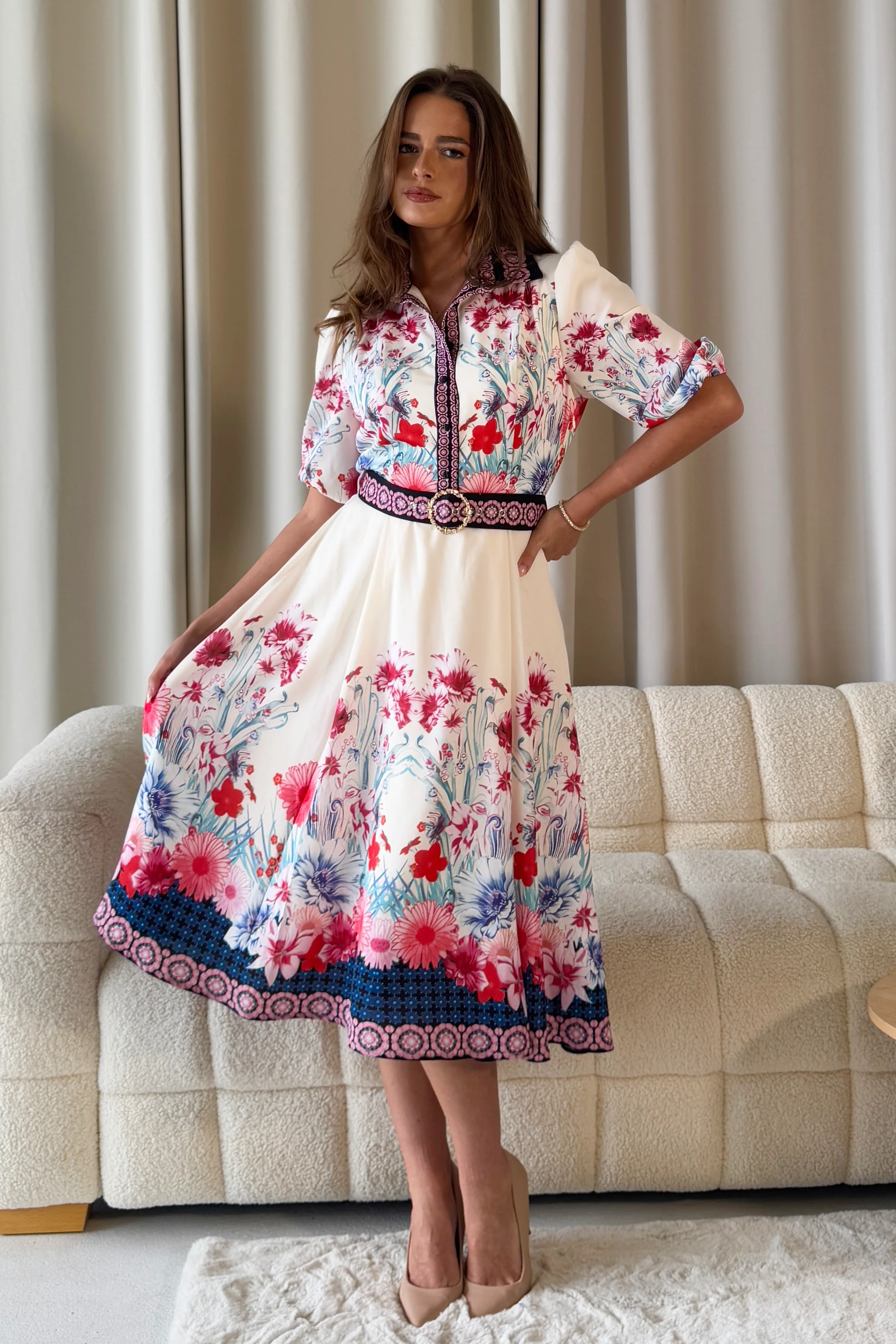 Holland Cream Floral Border Print Midi Dress - Image 4