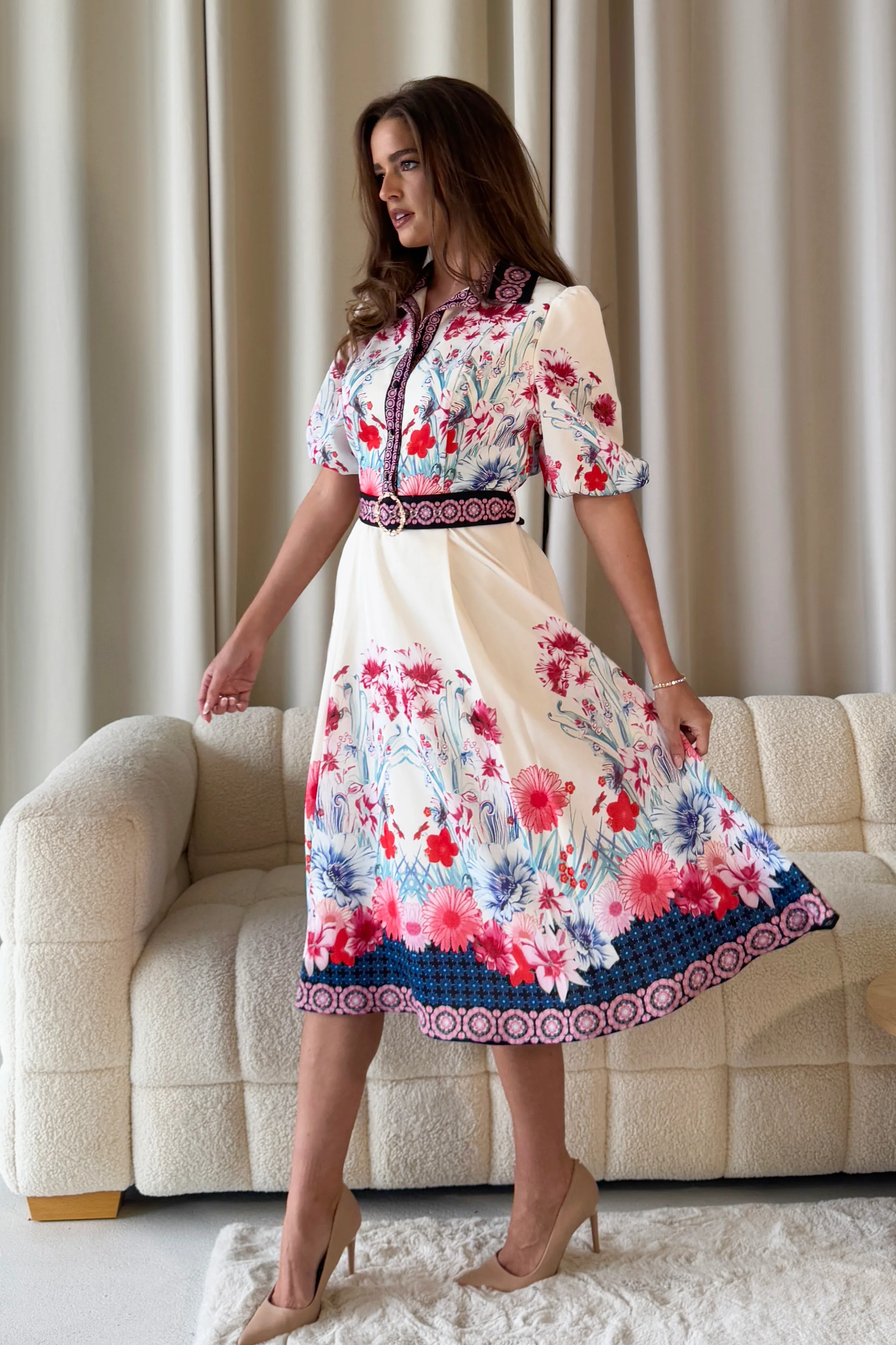 Holland Cream Floral Border Print Midi Dress - Image 5