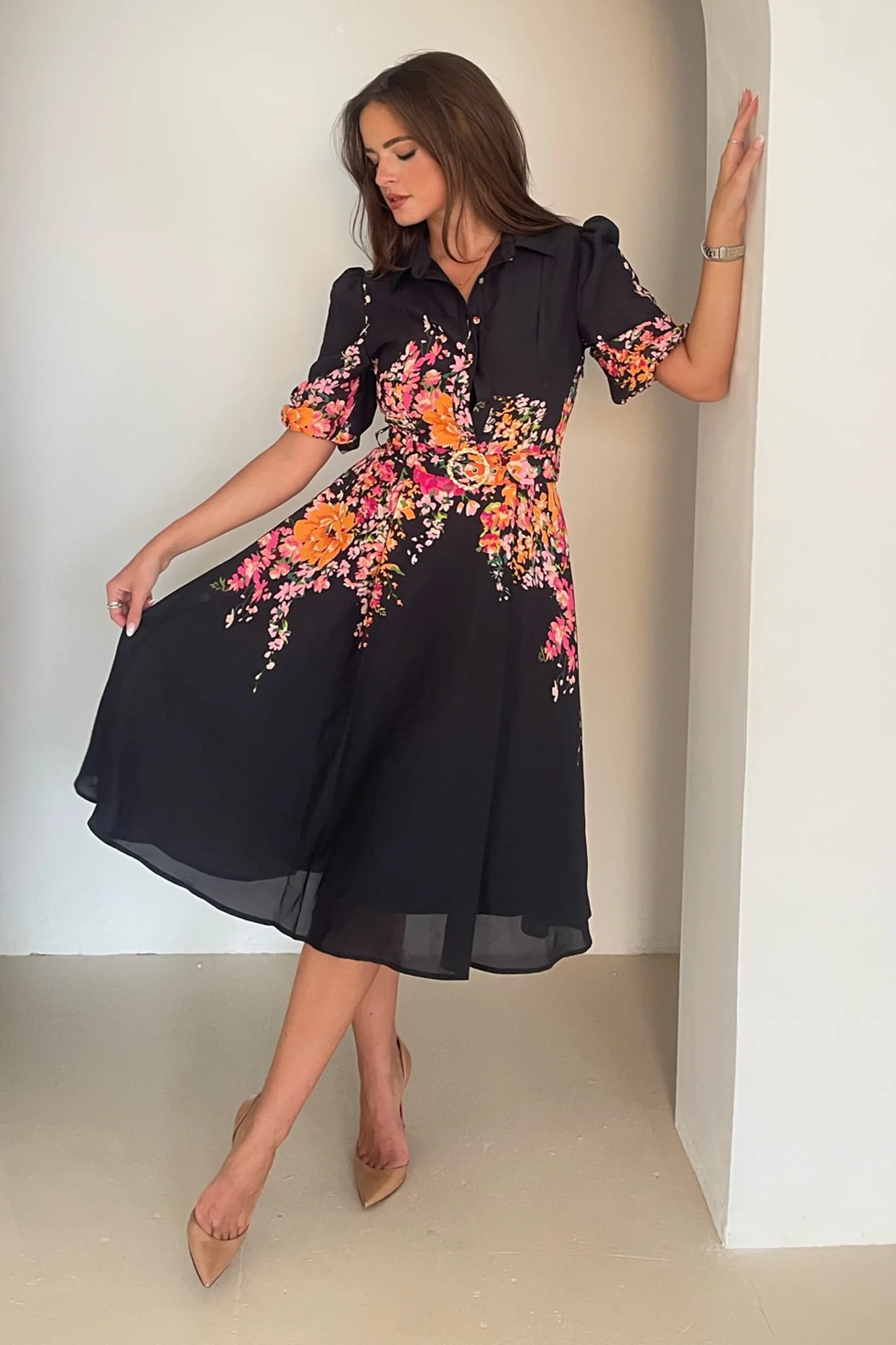 Holland Border Print Collar Midi Dress Black - Image 3