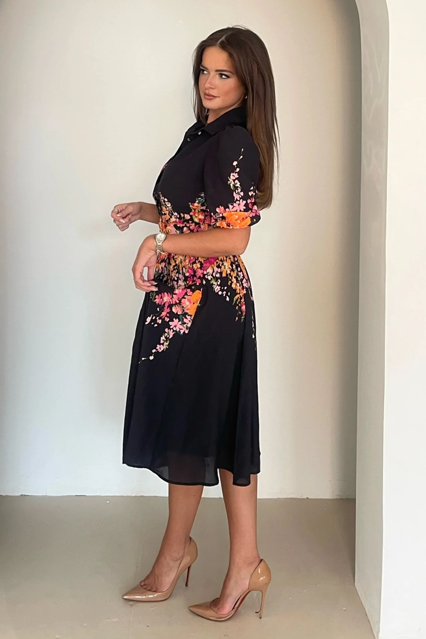 Holland Border Print Collar Midi Dress Black - Image 4