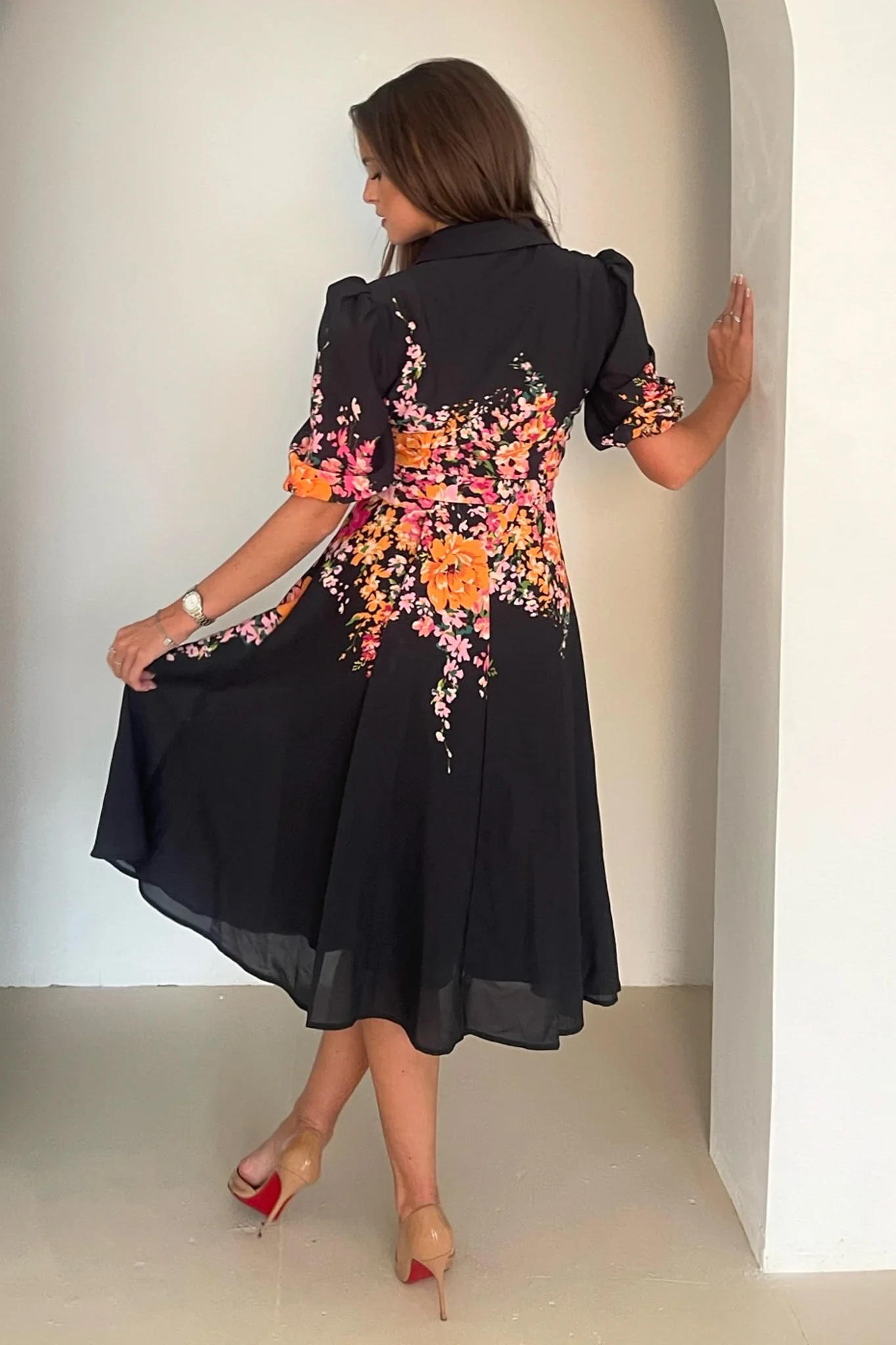 Holland Border Print Collar Midi Dress Black - Image 5