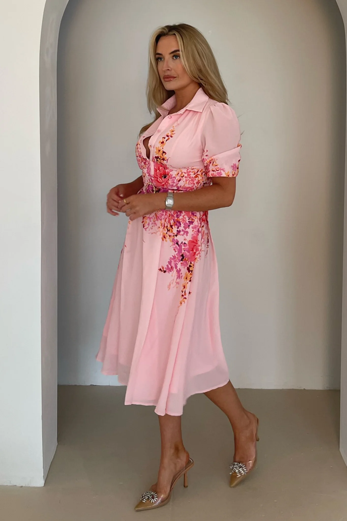 Holland Border Print Collar Midi Dress Pink - Image 6