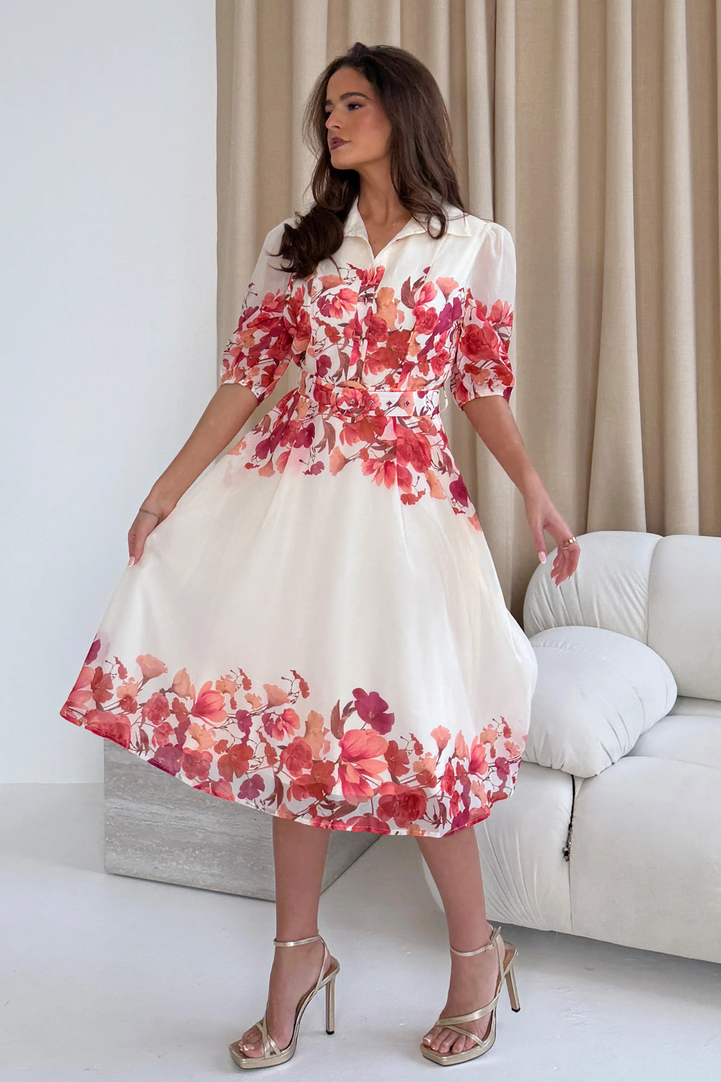 Holland Cream And Pink Floral Collar Midi Dress - Image 4