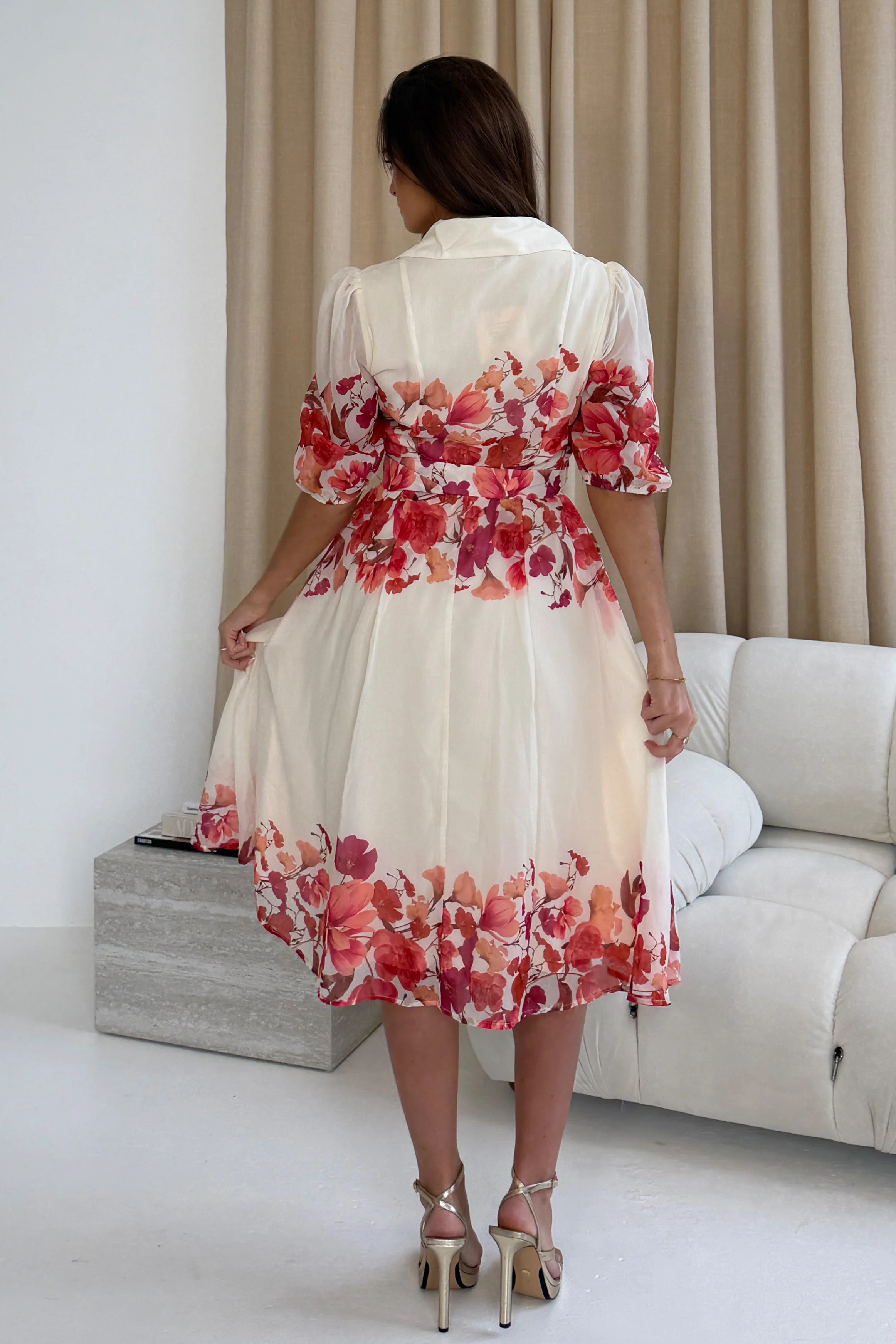 Holland Cream And Pink Floral Collar Midi Dress - Image 5