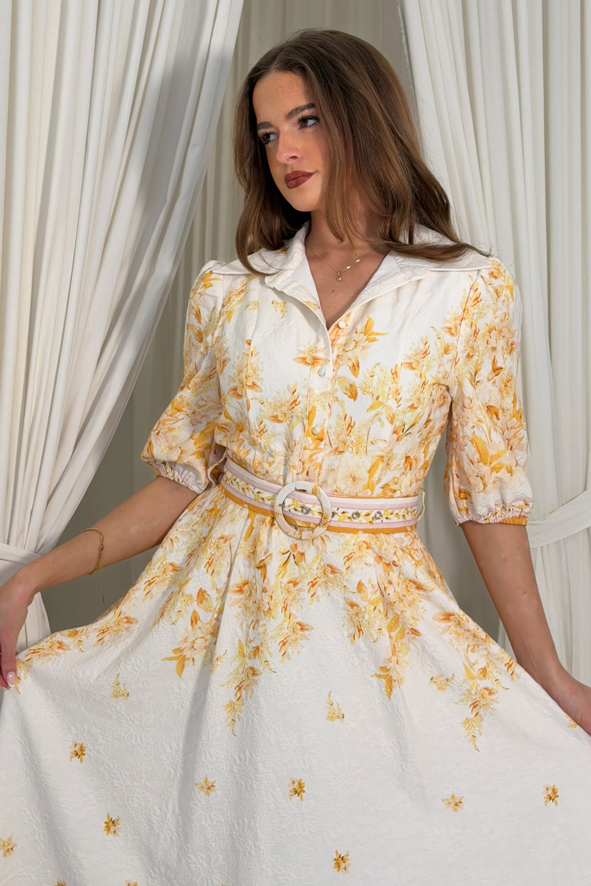 Holland Cream and Yellow Floral Collar Midi Dress - Image 2