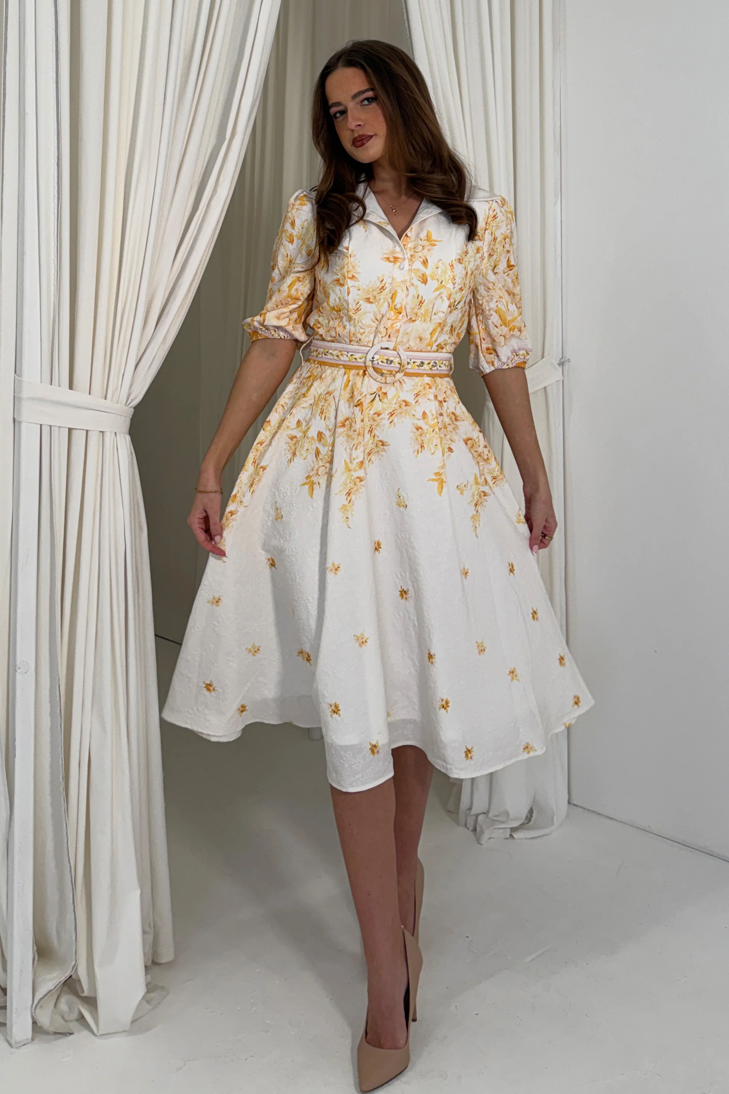 Holland Cream and Yellow Floral Collar Midi Dress - Image 3