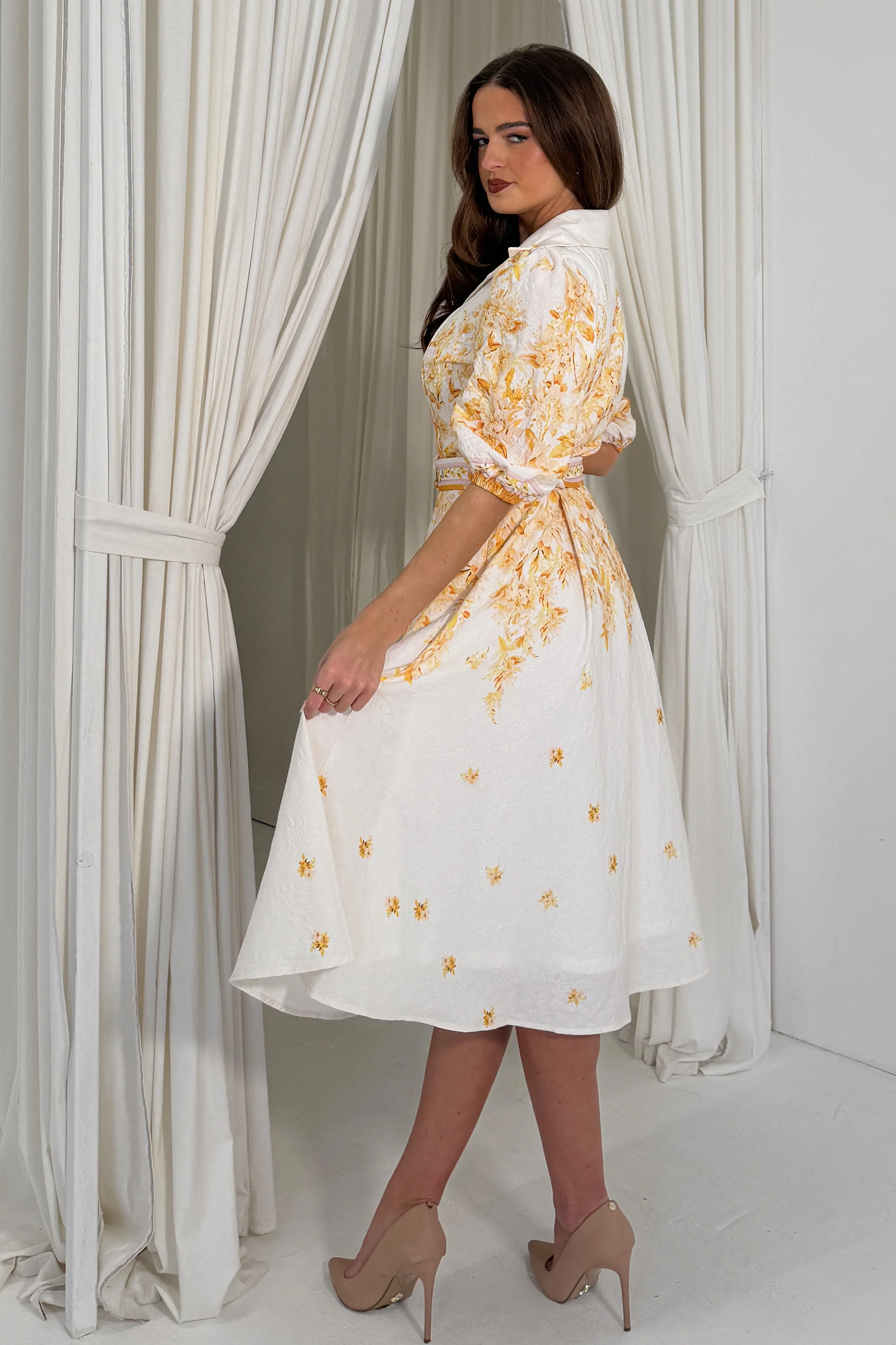 Holland Cream and Yellow Floral Collar Midi Dress - Image 5