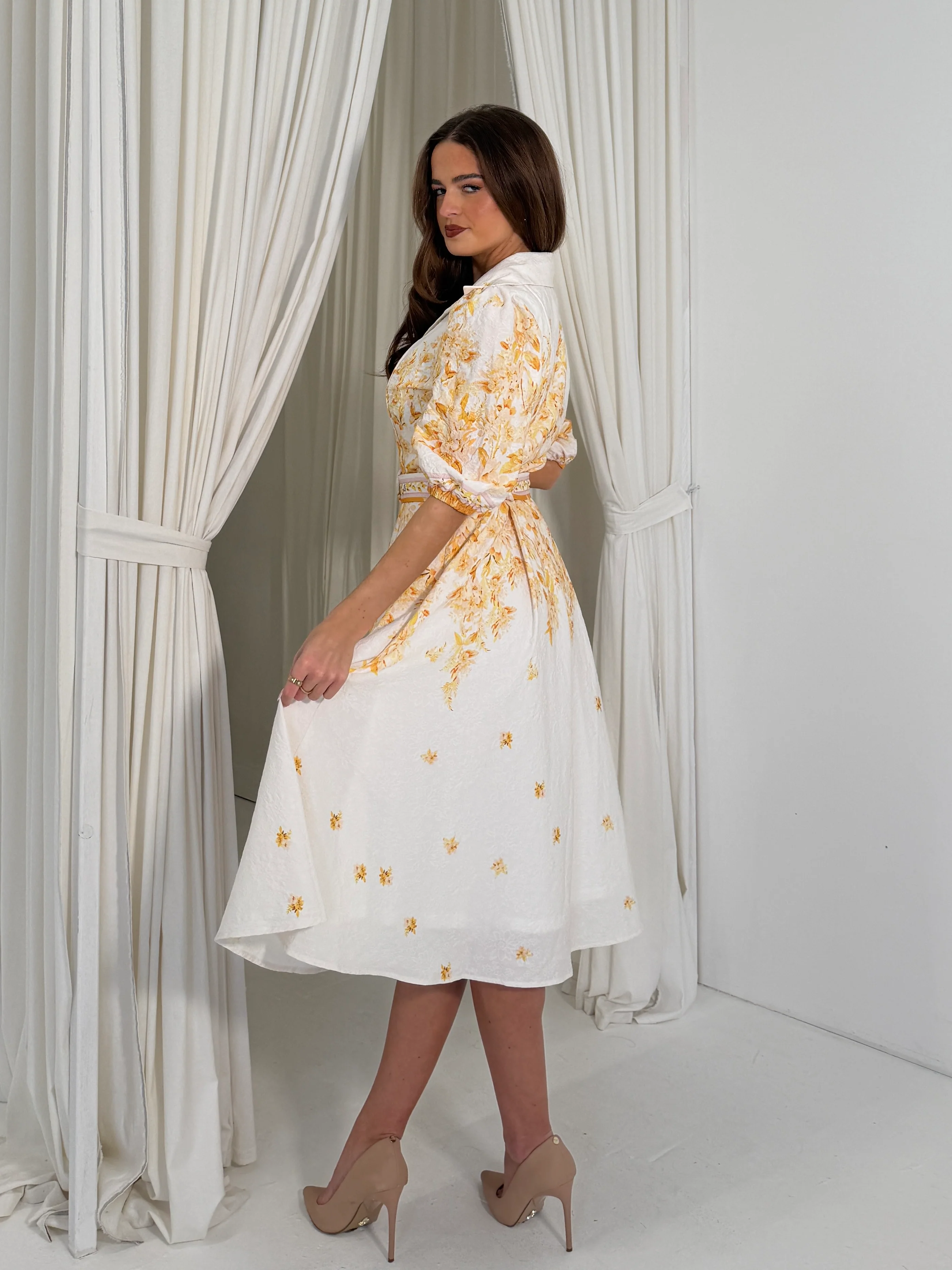 Holland Cream and Yellow Floral Collar Midi Dress - Image 6