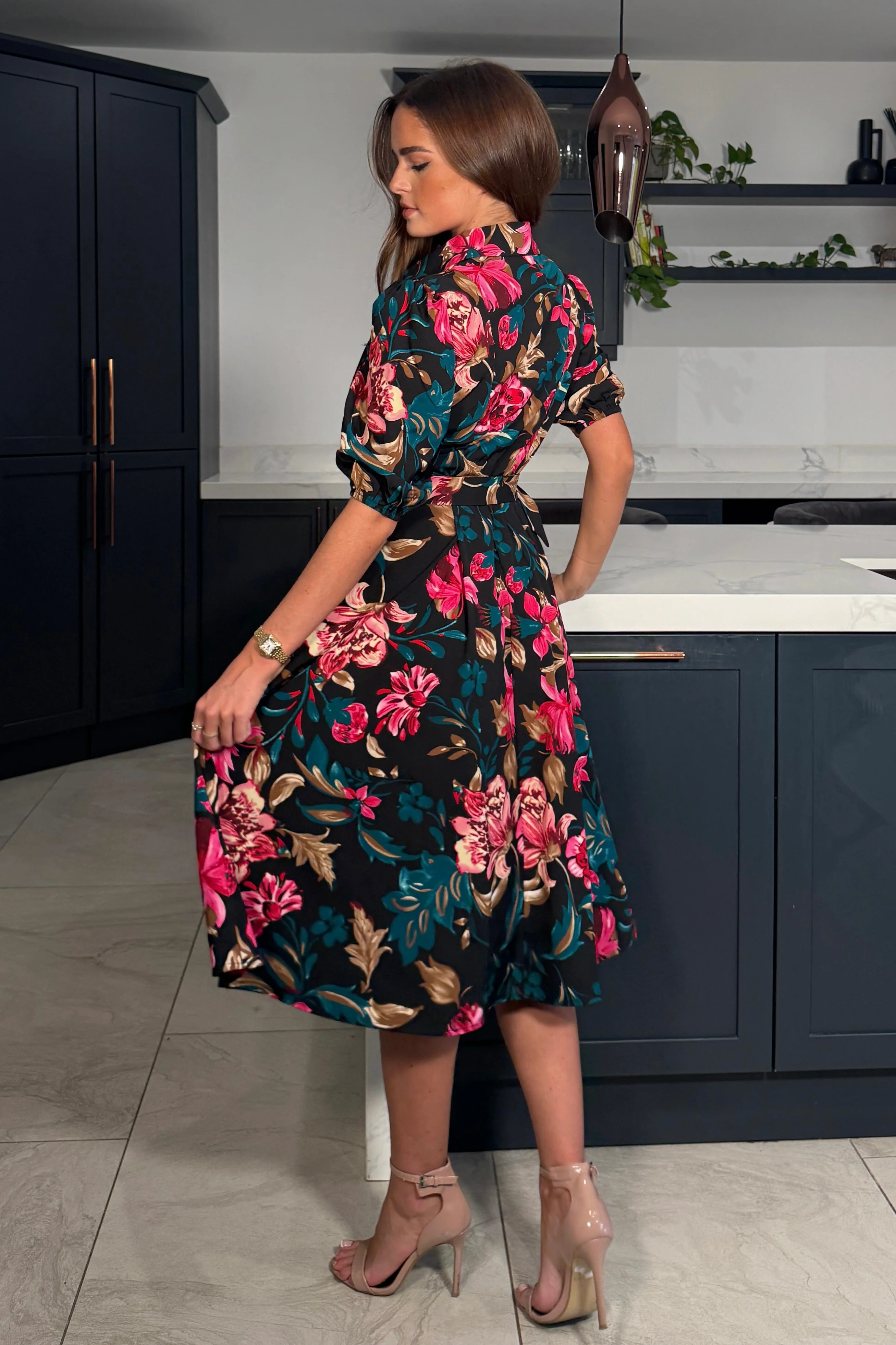 Holland Black & Pink Floral Collar Midi Dress - Image 4
