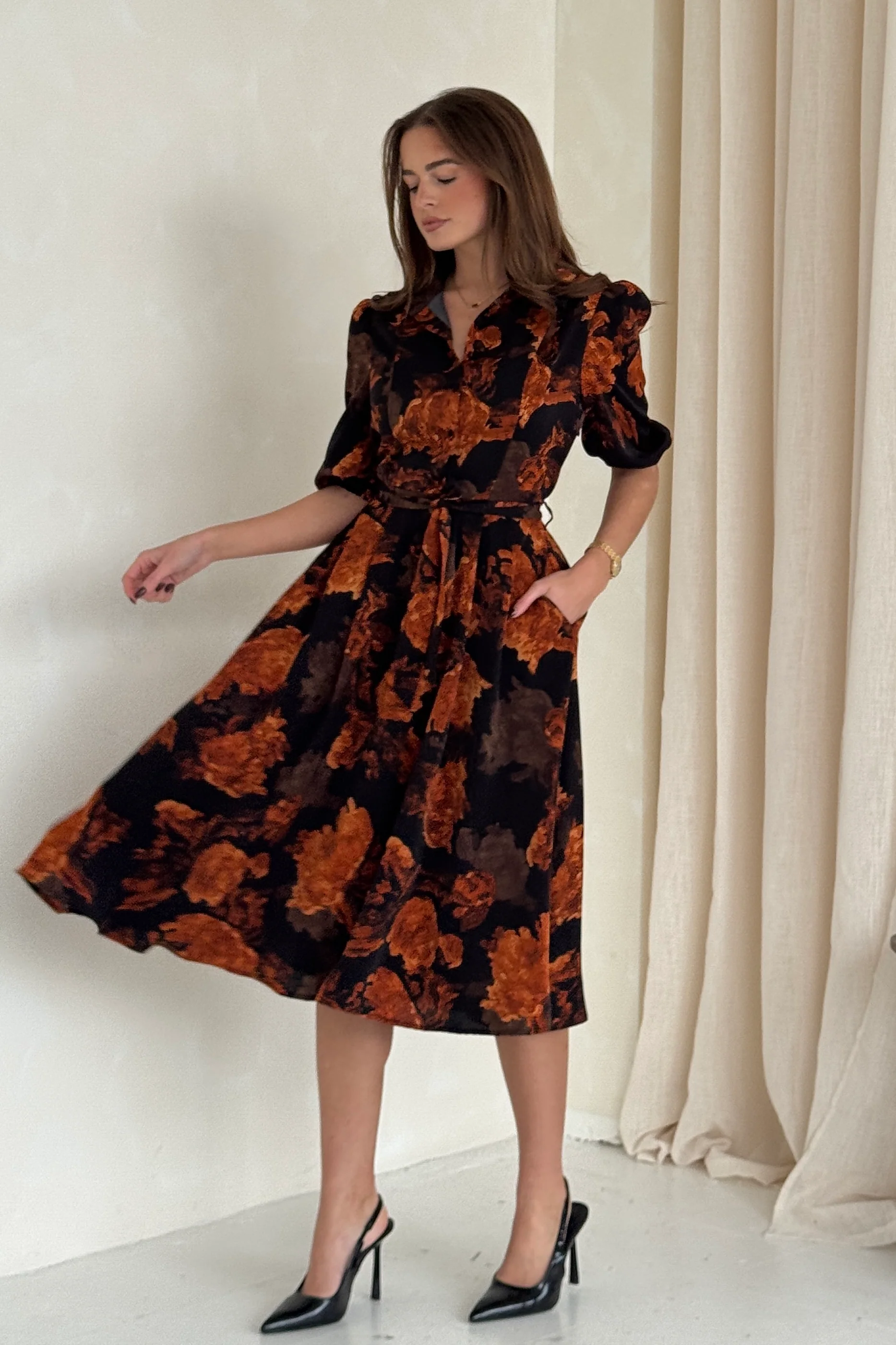 Holland Orange Floral Collar Midi Dress - Image 3