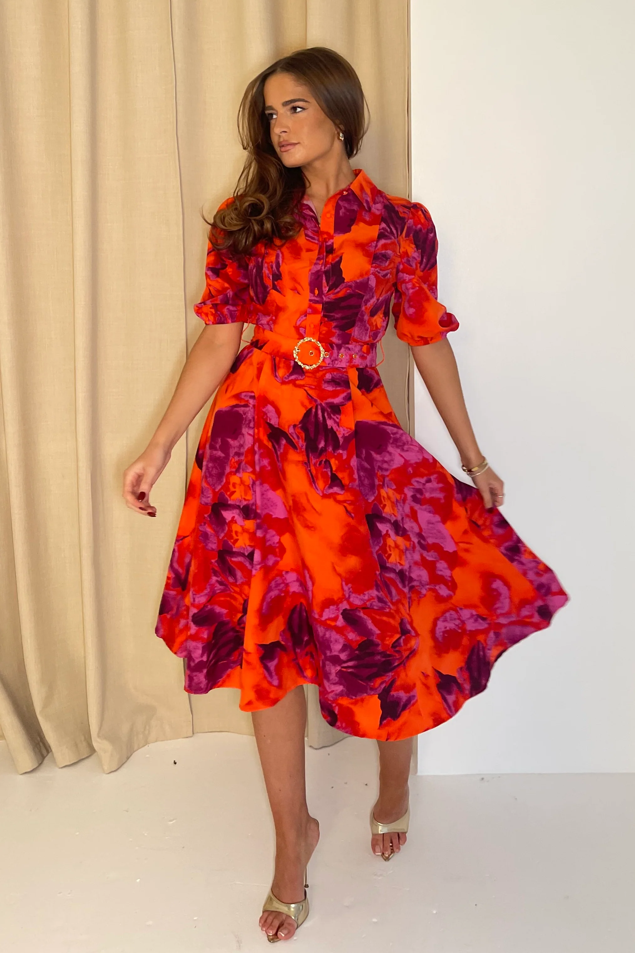 Holland Orange & Pink Floral Collar Midi Dress