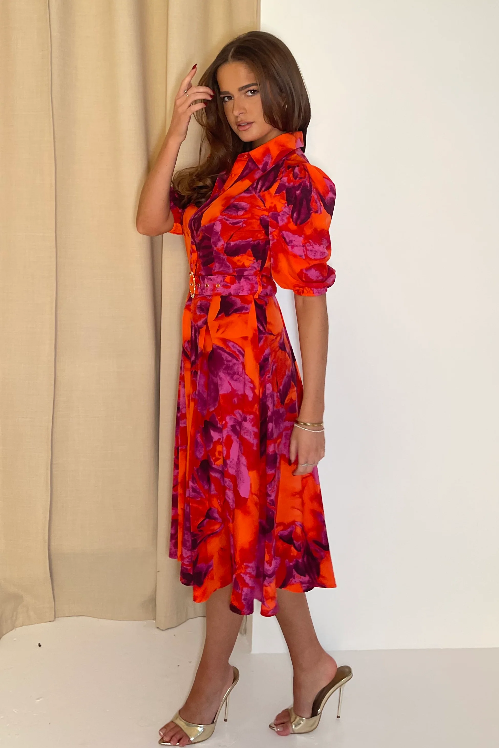 Holland Orange & Pink Floral Collar Midi Dress - Image 4