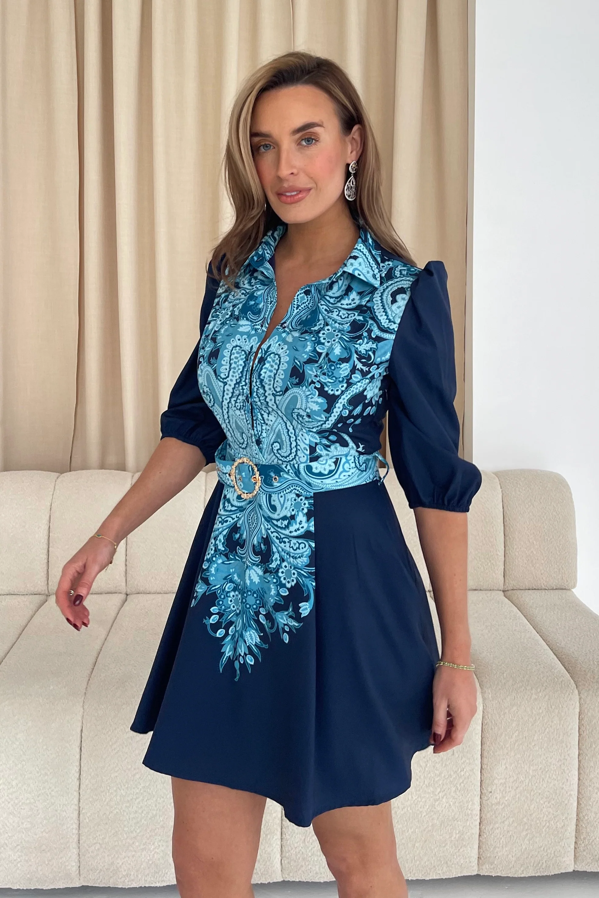 Holland Paisley Print Collar Mini Dress Navy - Image 4