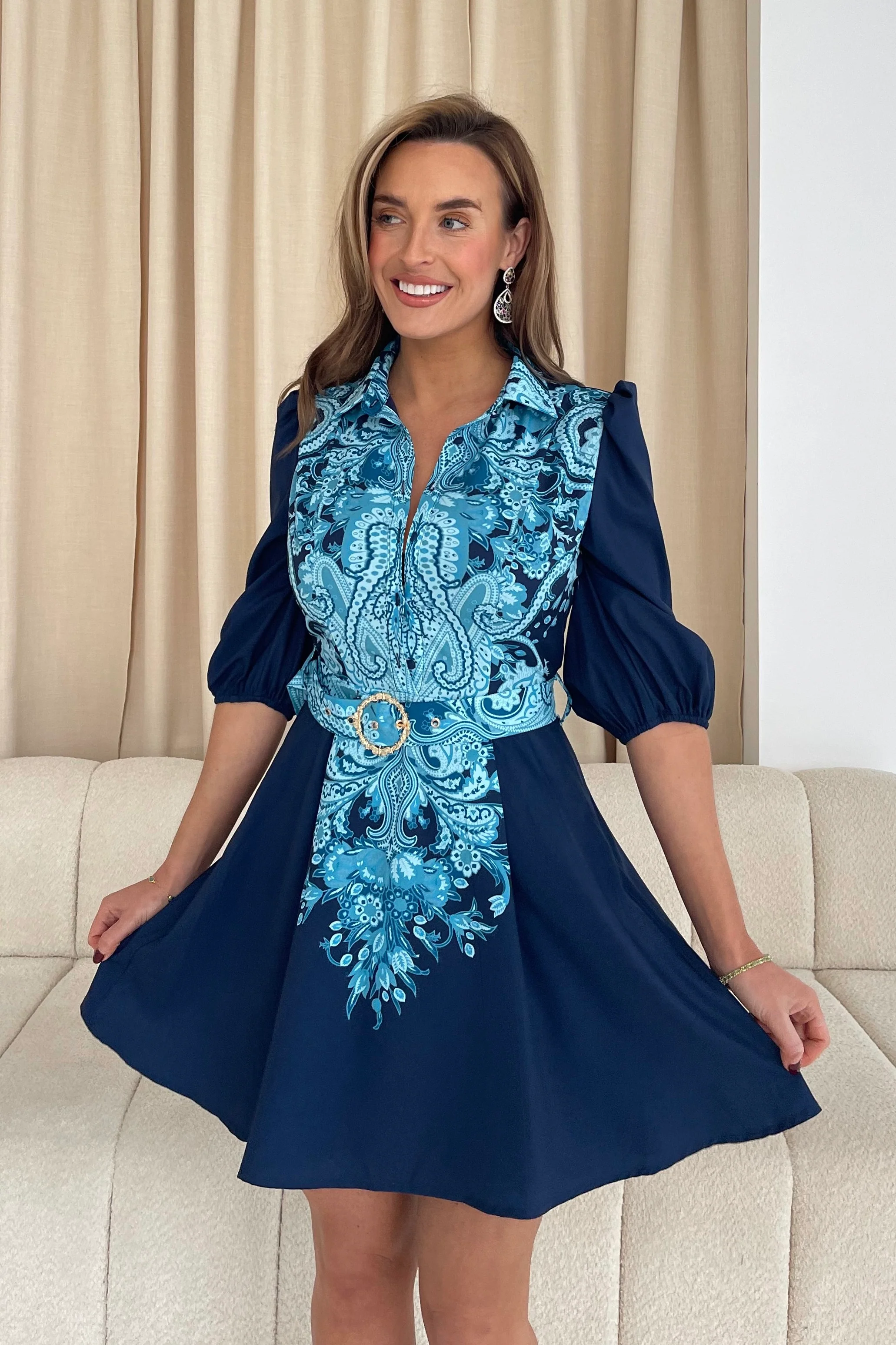 Holland Paisley Print Collar Mini Dress Navy - Image 5