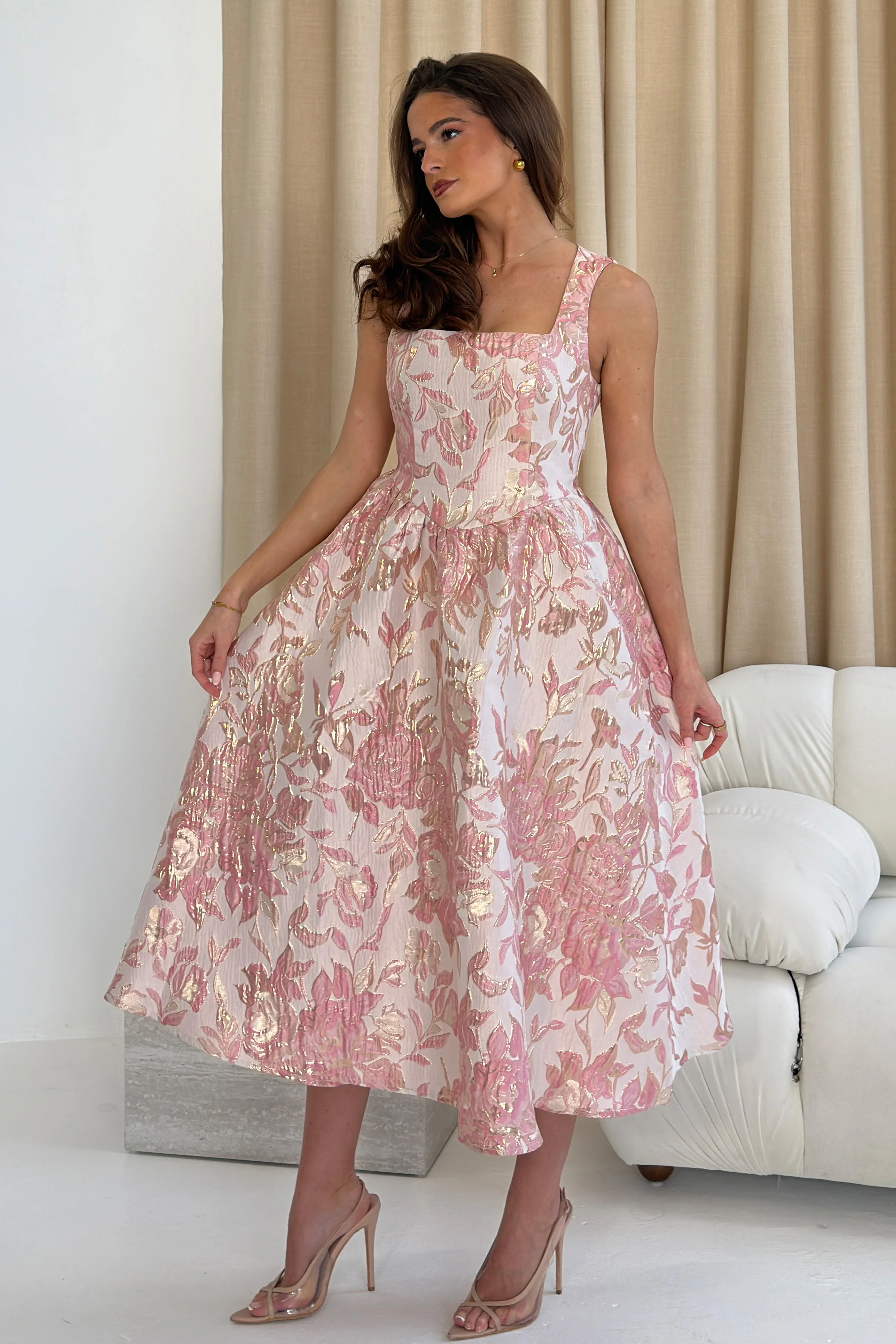 Rosie Strappy Floral Jacquard Midi Dress Pink Floral - Image 3