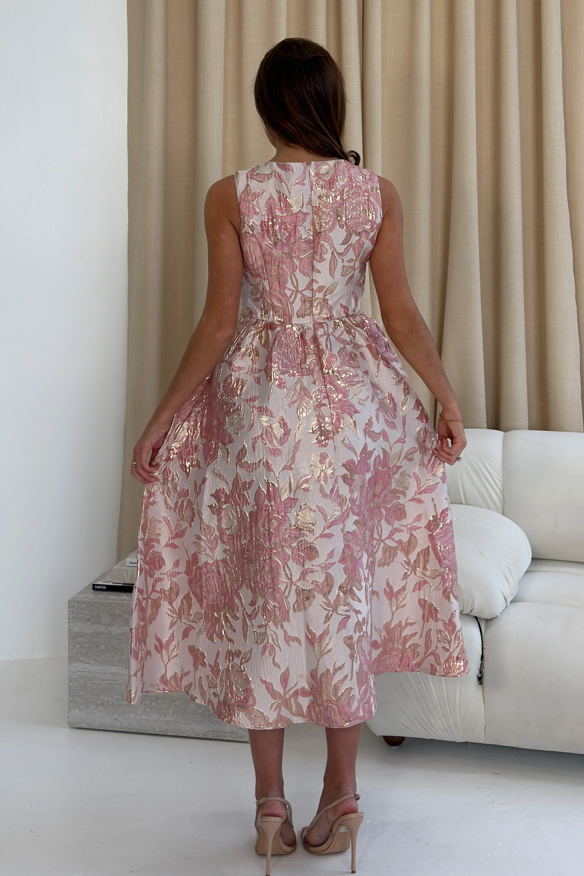 Rosie Strappy Floral Jacquard Midi Dress Pink Floral - Image 6