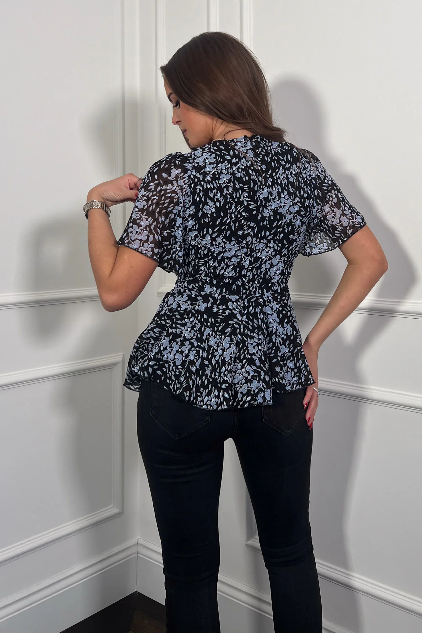Imogen Black Floral Angel Sleeve Peplum Top - Image 4