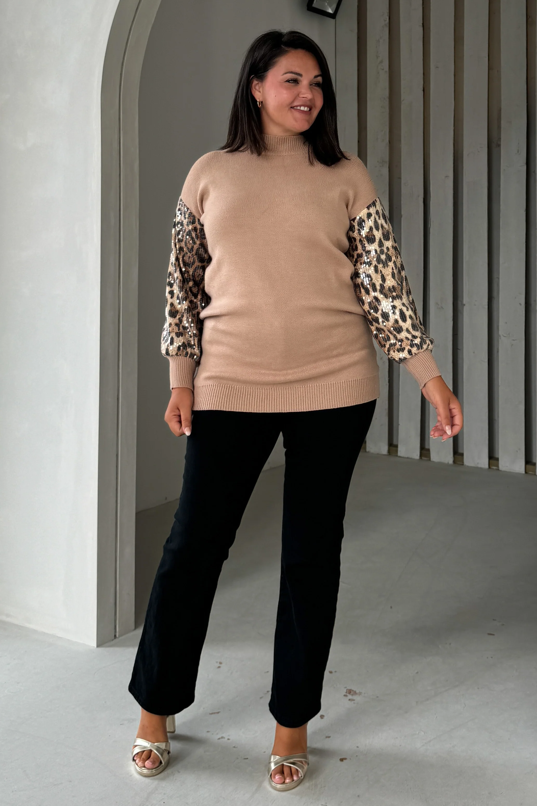 Inez Camel Knit Sequin Leopard Sleeve Jumper Dress - Image 2