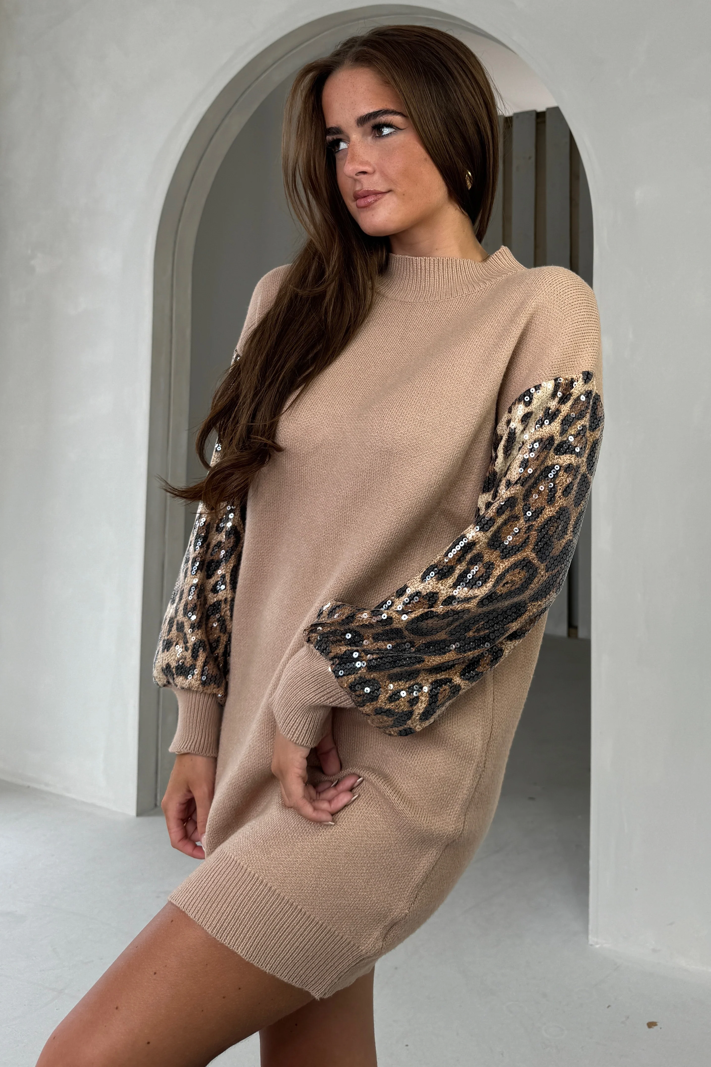 Inez Camel Knit Sequin Leopard Sleeve Jumper Dress - Image 3