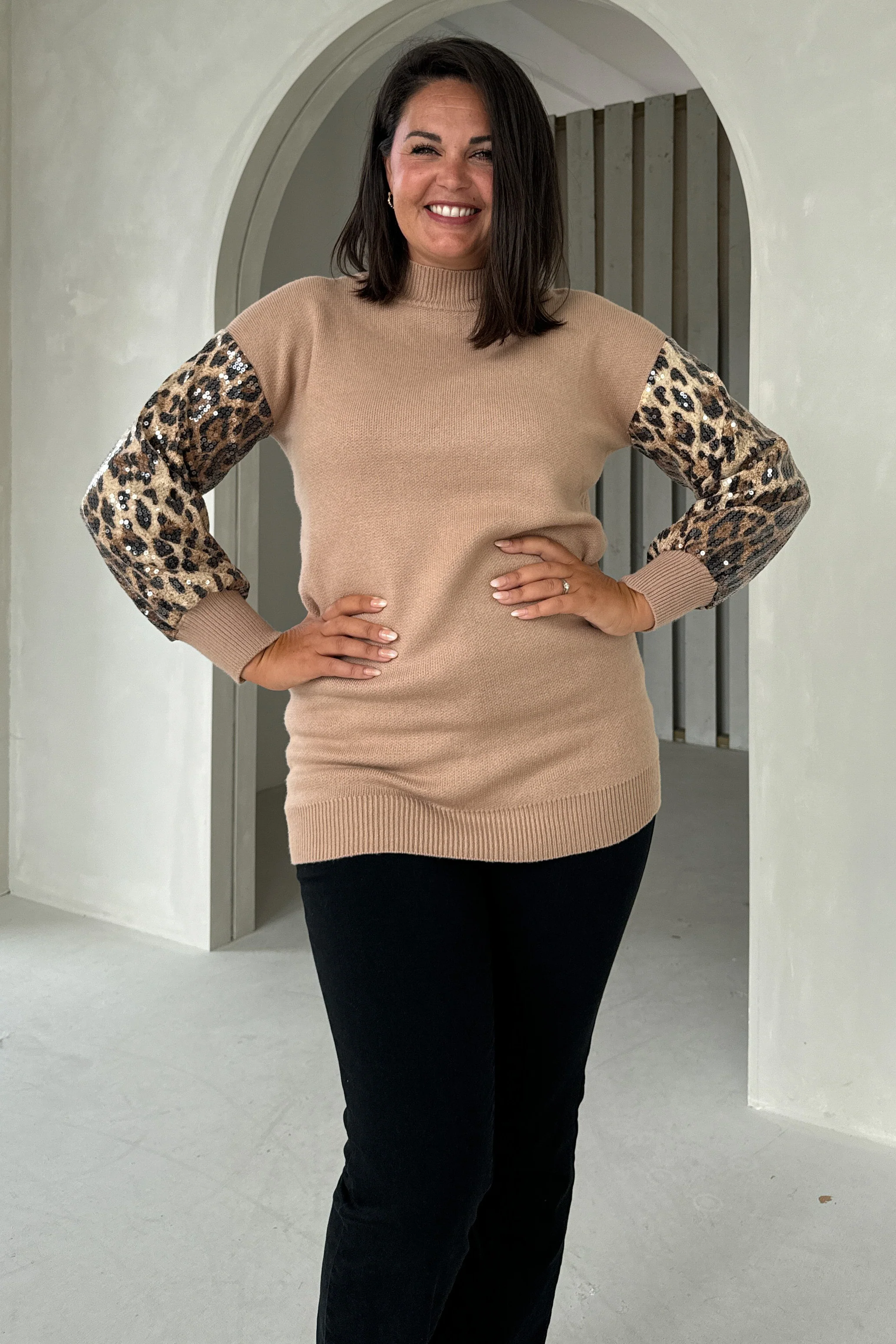 Inez Camel Knit Sequin Leopard Sleeve Jumper Dress - Image 4