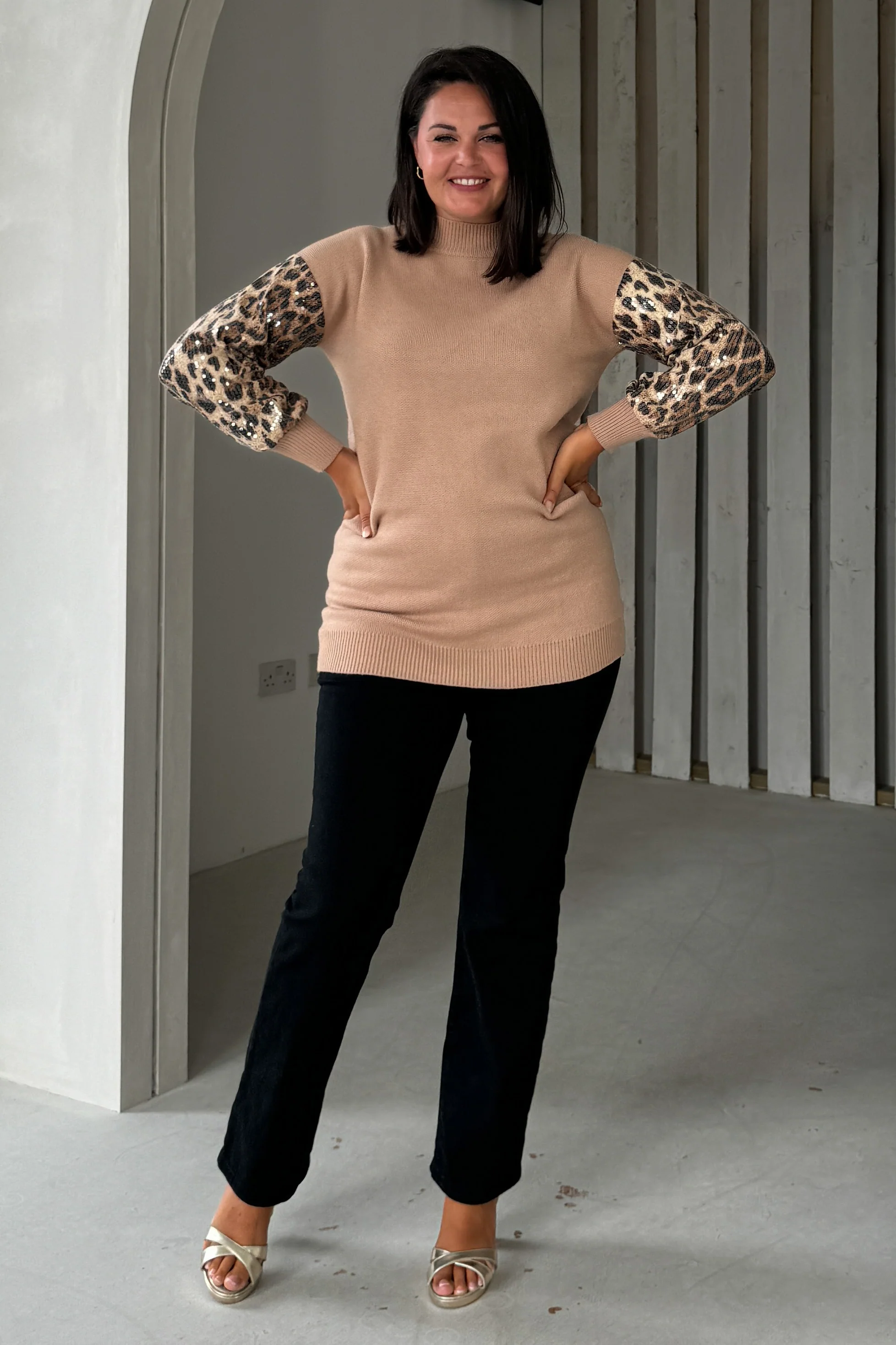 Inez Camel Knit Sequin Leopard Sleeve Jumper Dress - Image 6