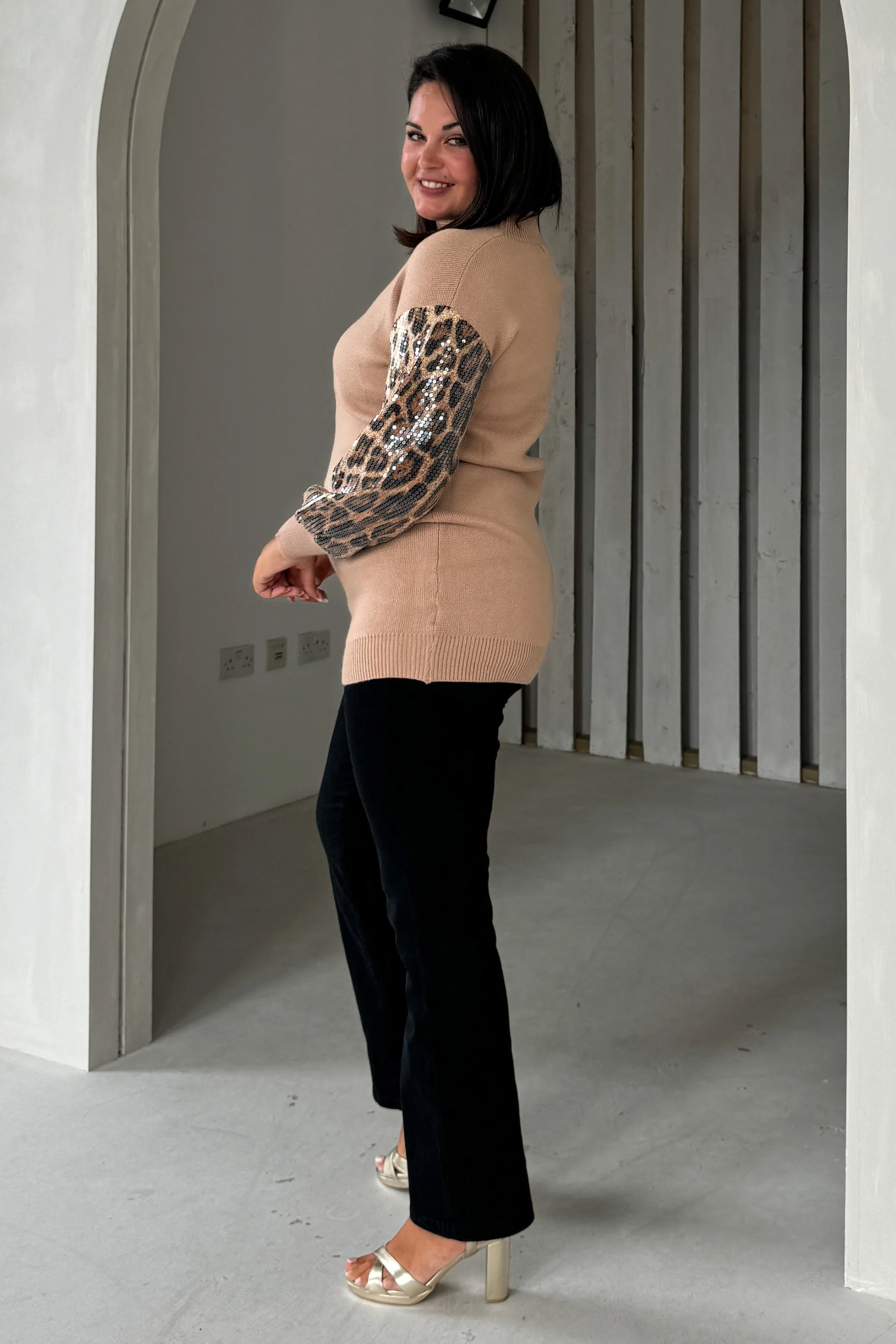 Inez Camel Knit Sequin Leopard Sleeve Jumper Dress - Image 7