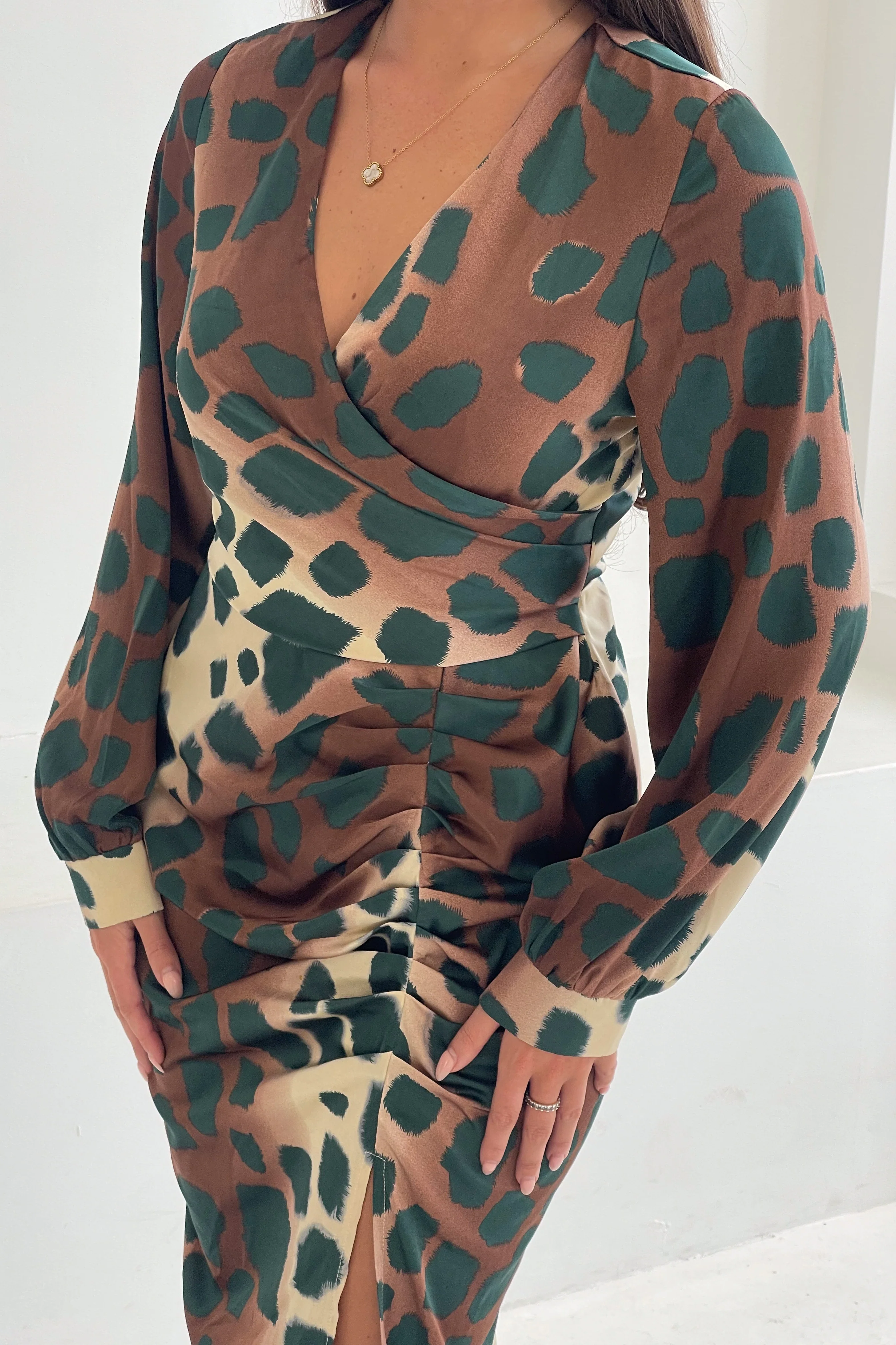 Inez Mixed Animal Ruched Long Sleeve Midi Dress - Image 2