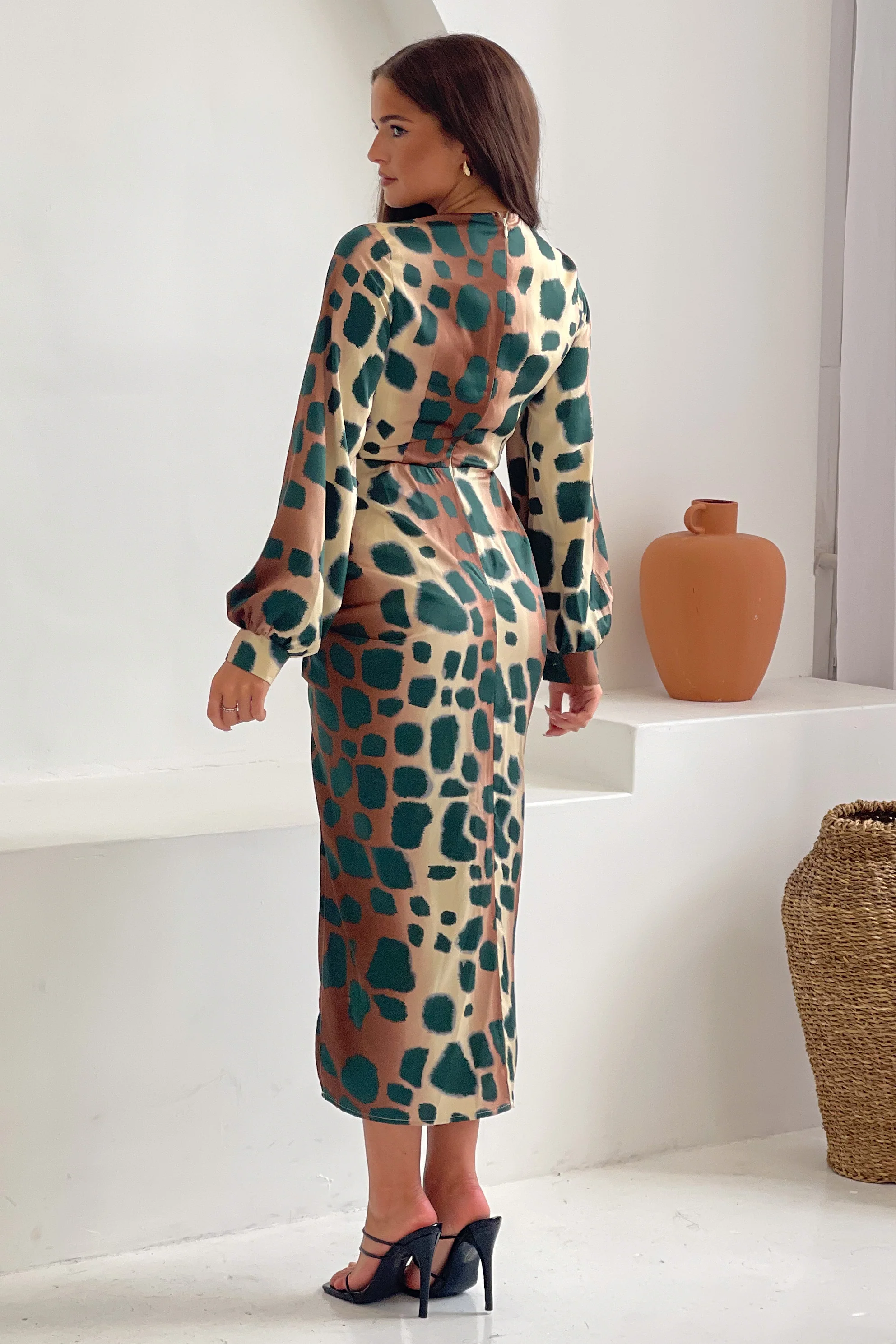 Inez Mixed Animal Ruched Long Sleeve Midi Dress - Image 5