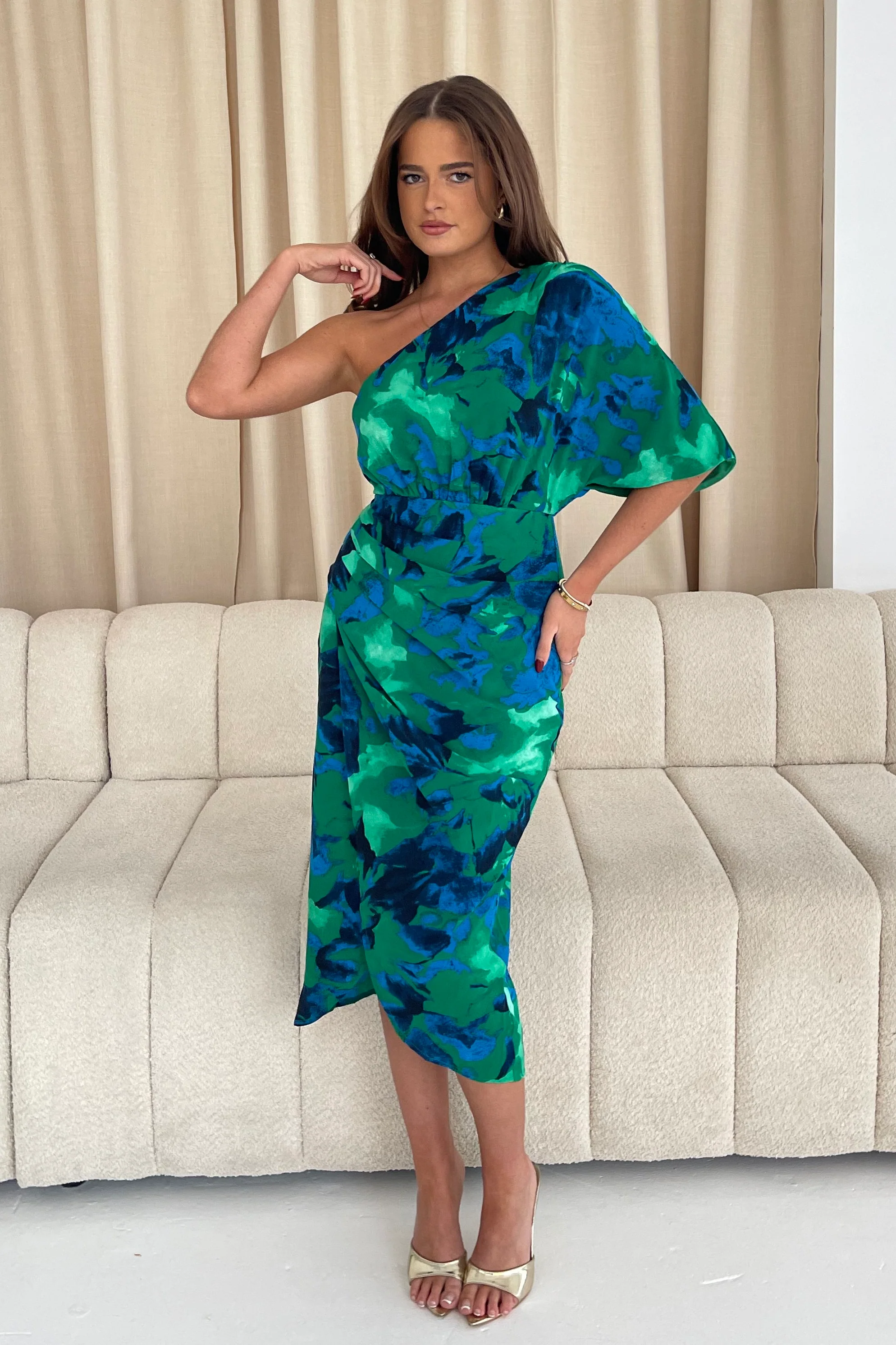 Ira One Shoulder Floral Wrap Midi Dress Green - Image 4