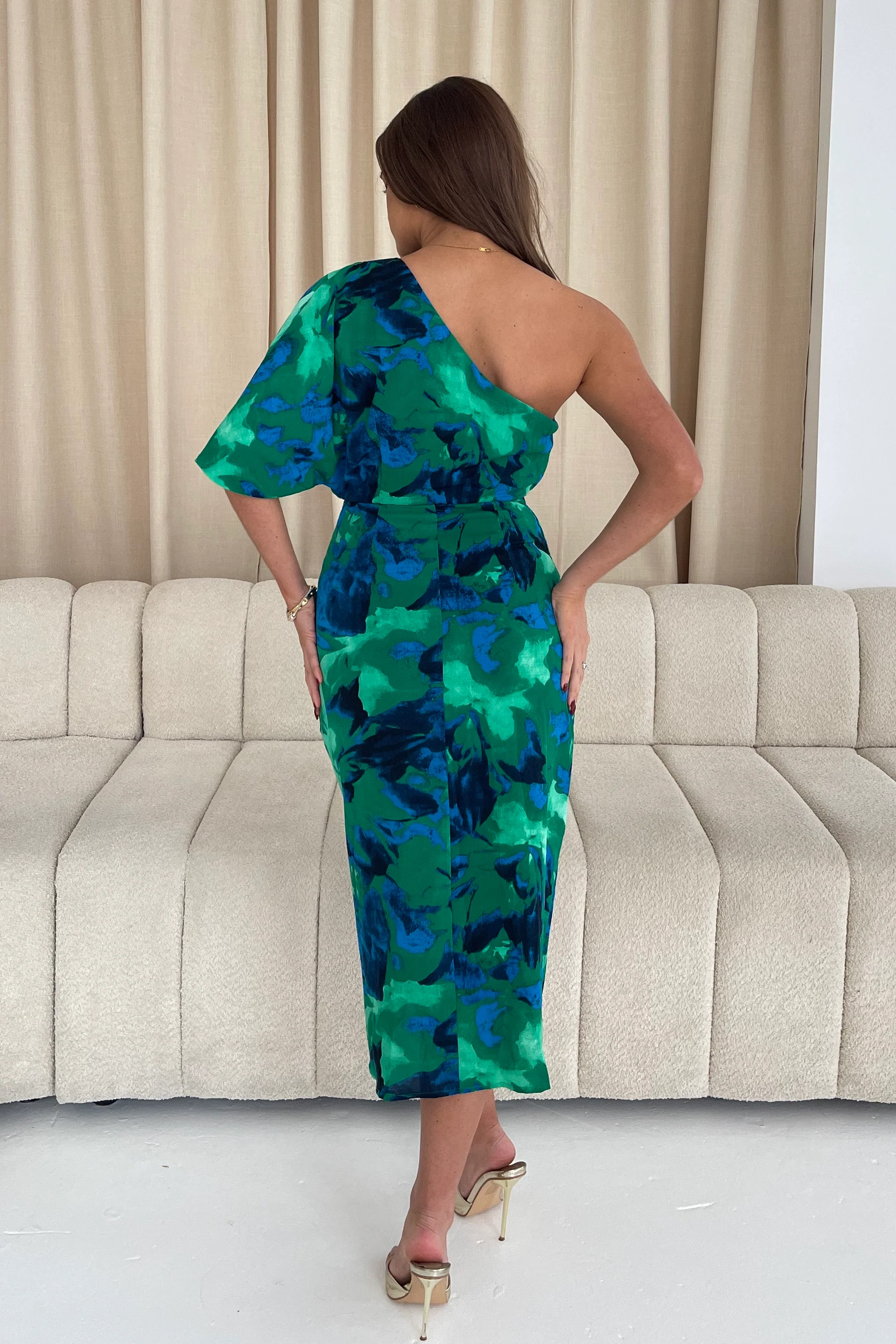 Ira One Shoulder Floral Wrap Midi Dress Green - Image 6