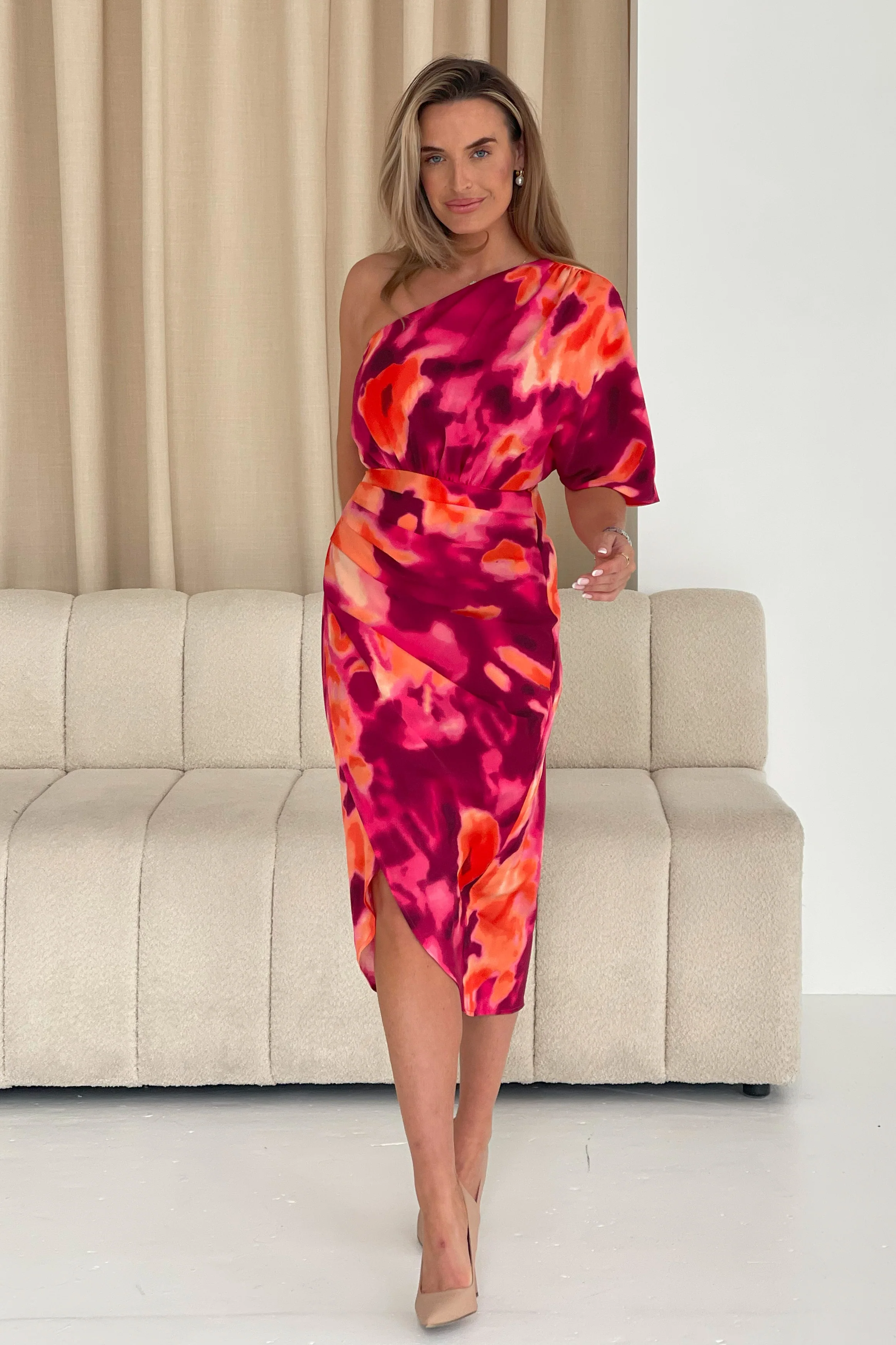 Ira One Shoulder Wrap Midi Dress Pink - Image 3