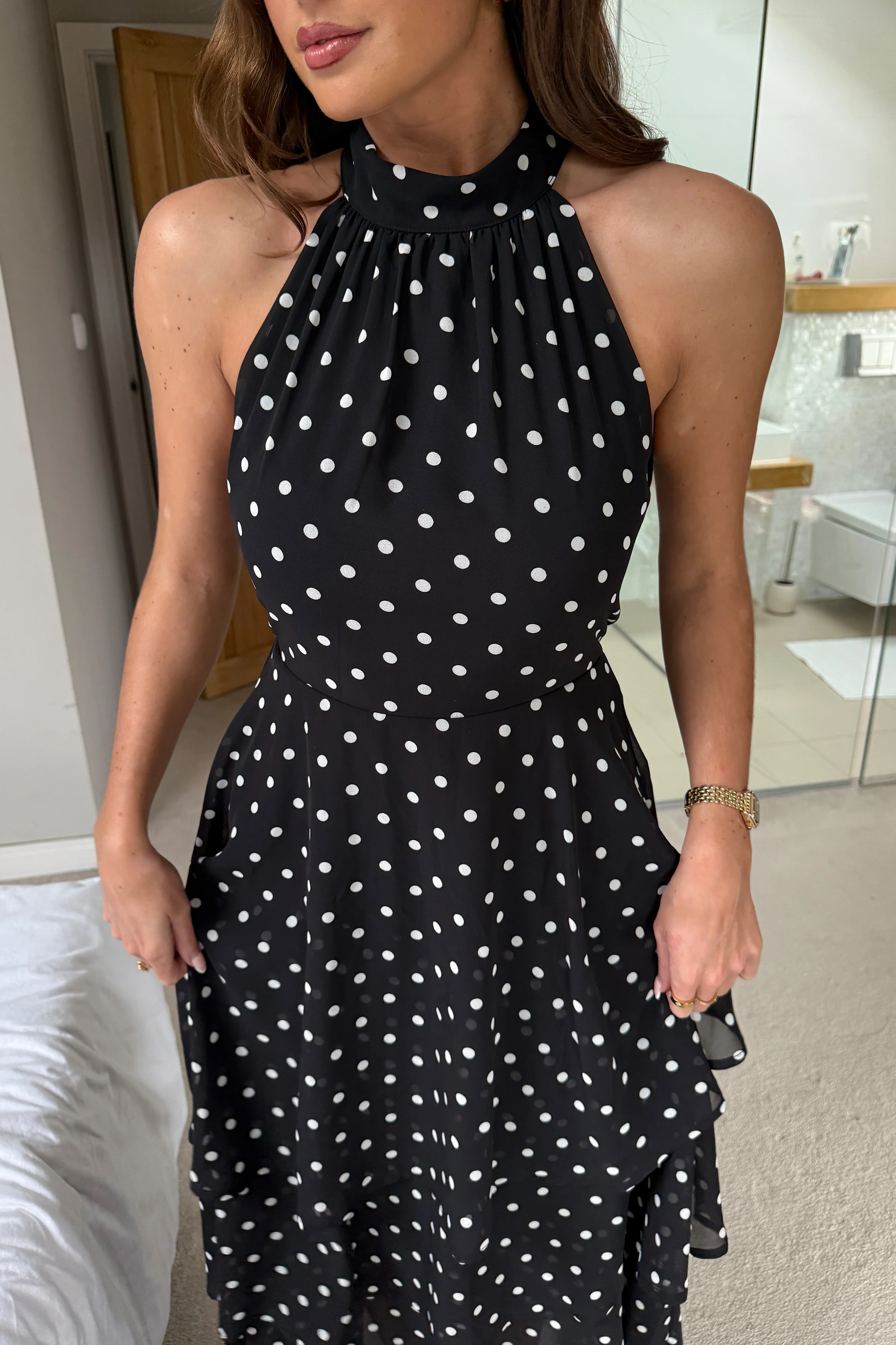 Iris Halterneck Layered Maxi Dress Black Spot Print - Image 2