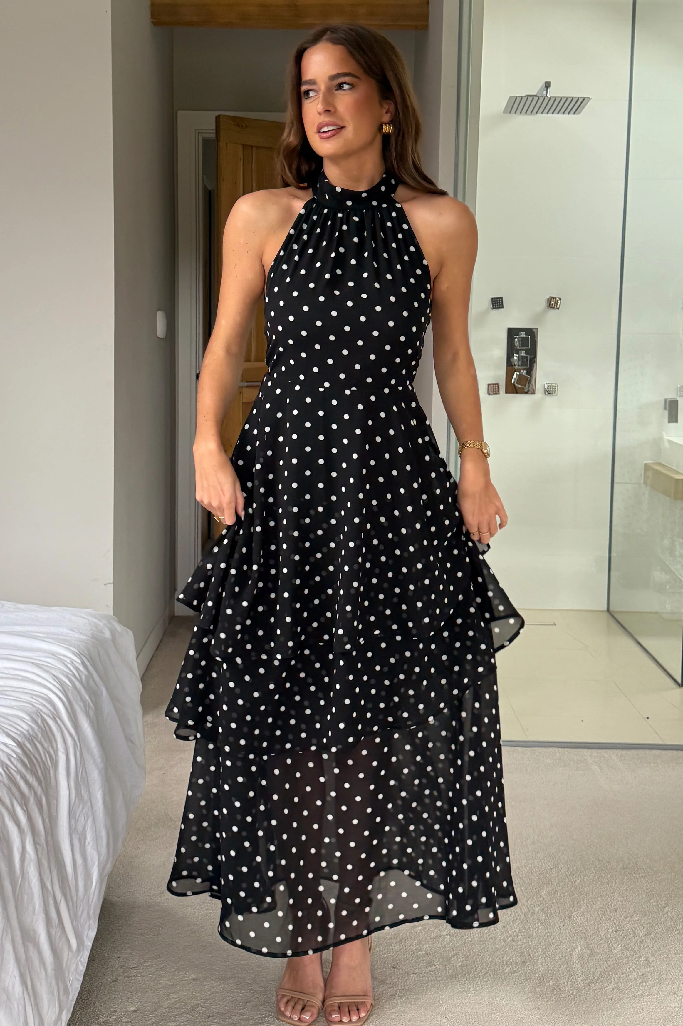 Iris Halterneck Layered Maxi Dress Black Spot Print - Image 3