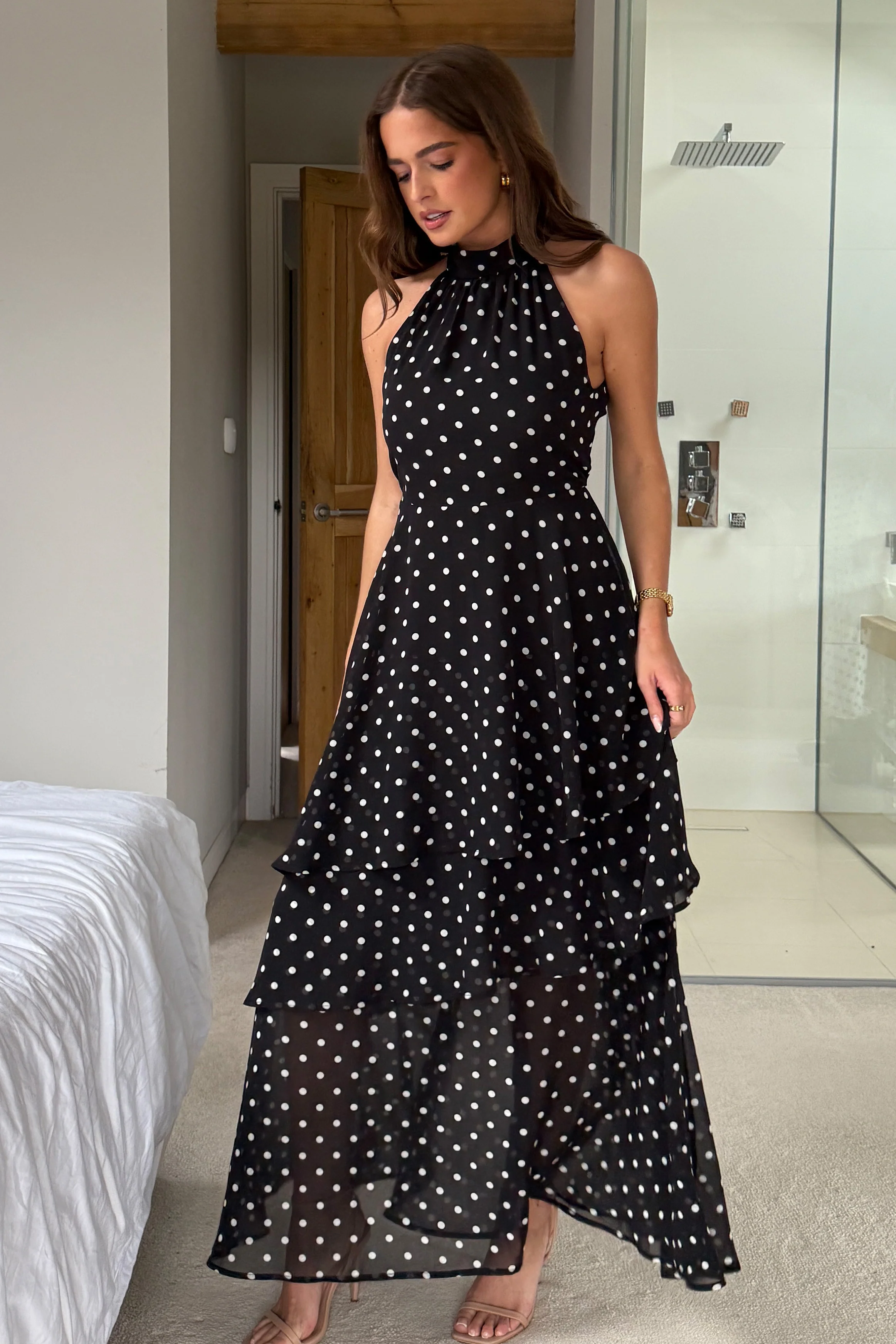 Iris Halterneck Layered Maxi Dress Black Spot Print - Image 4