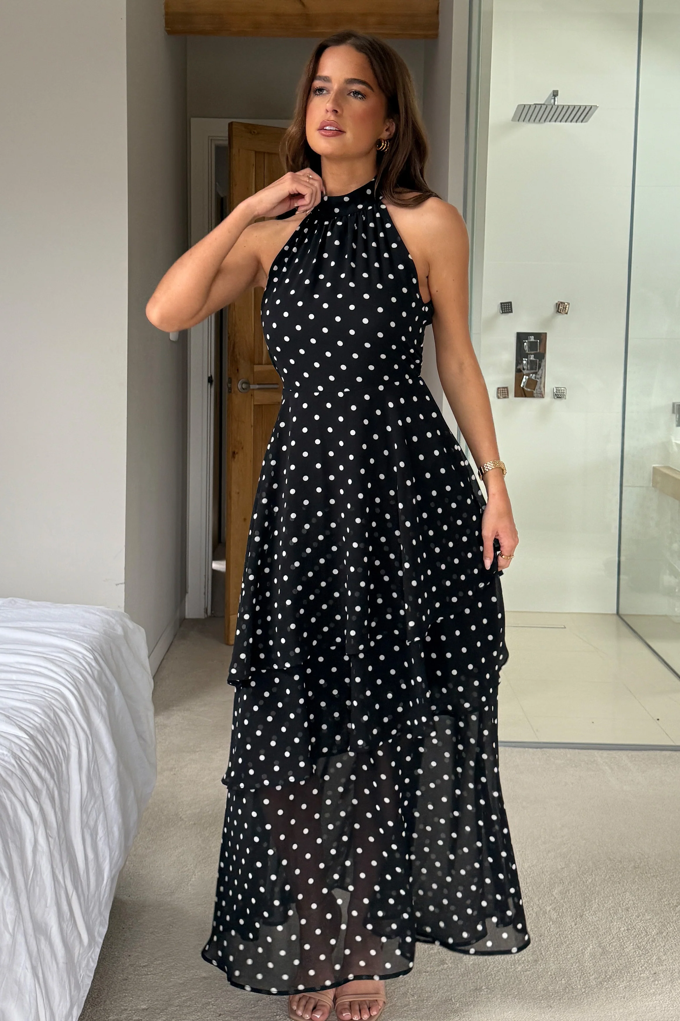 Iris Halterneck Layered Maxi Dress Black Spot Print - Image 5