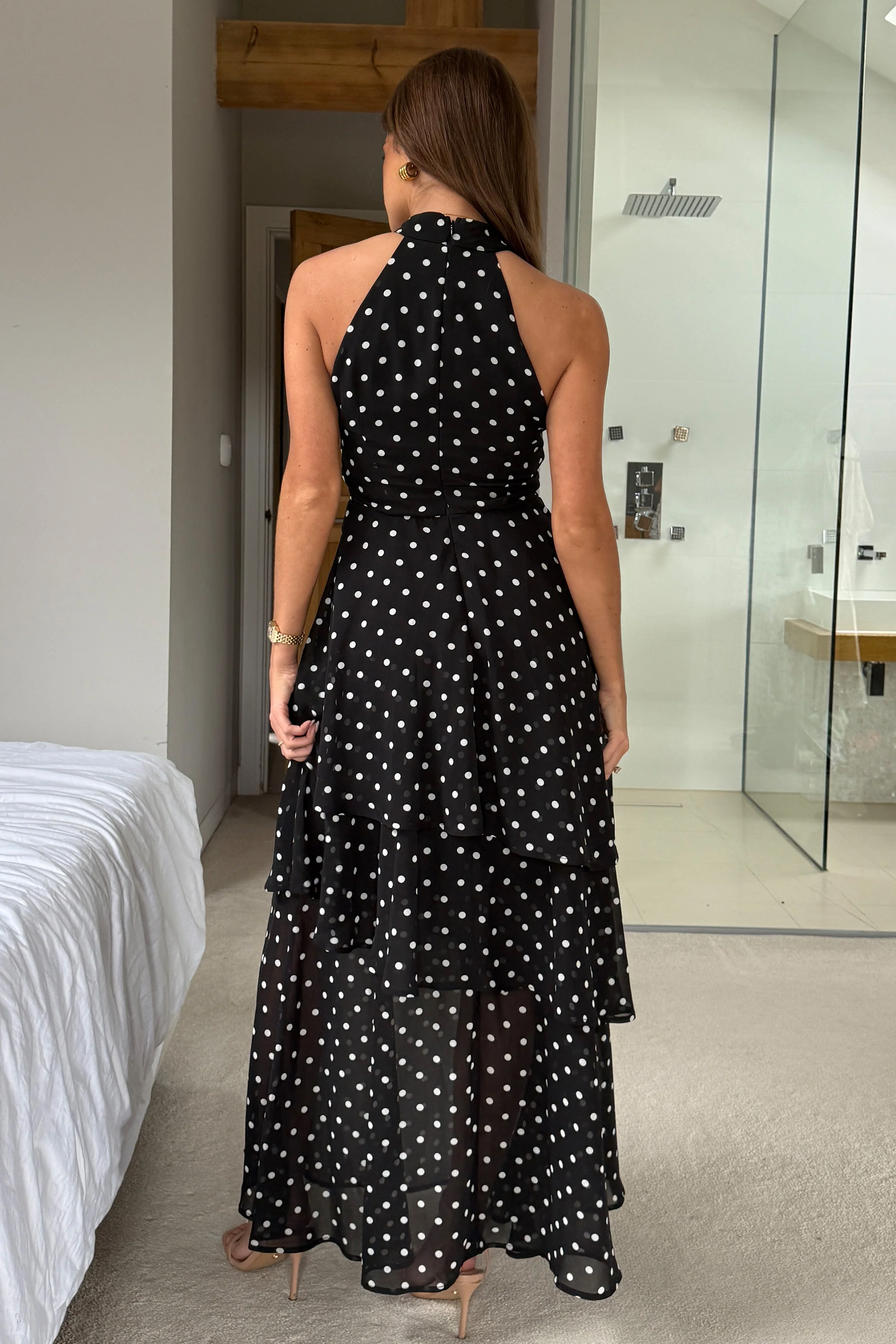 Iris Halterneck Layered Maxi Dress Black Spot Print - Image 6