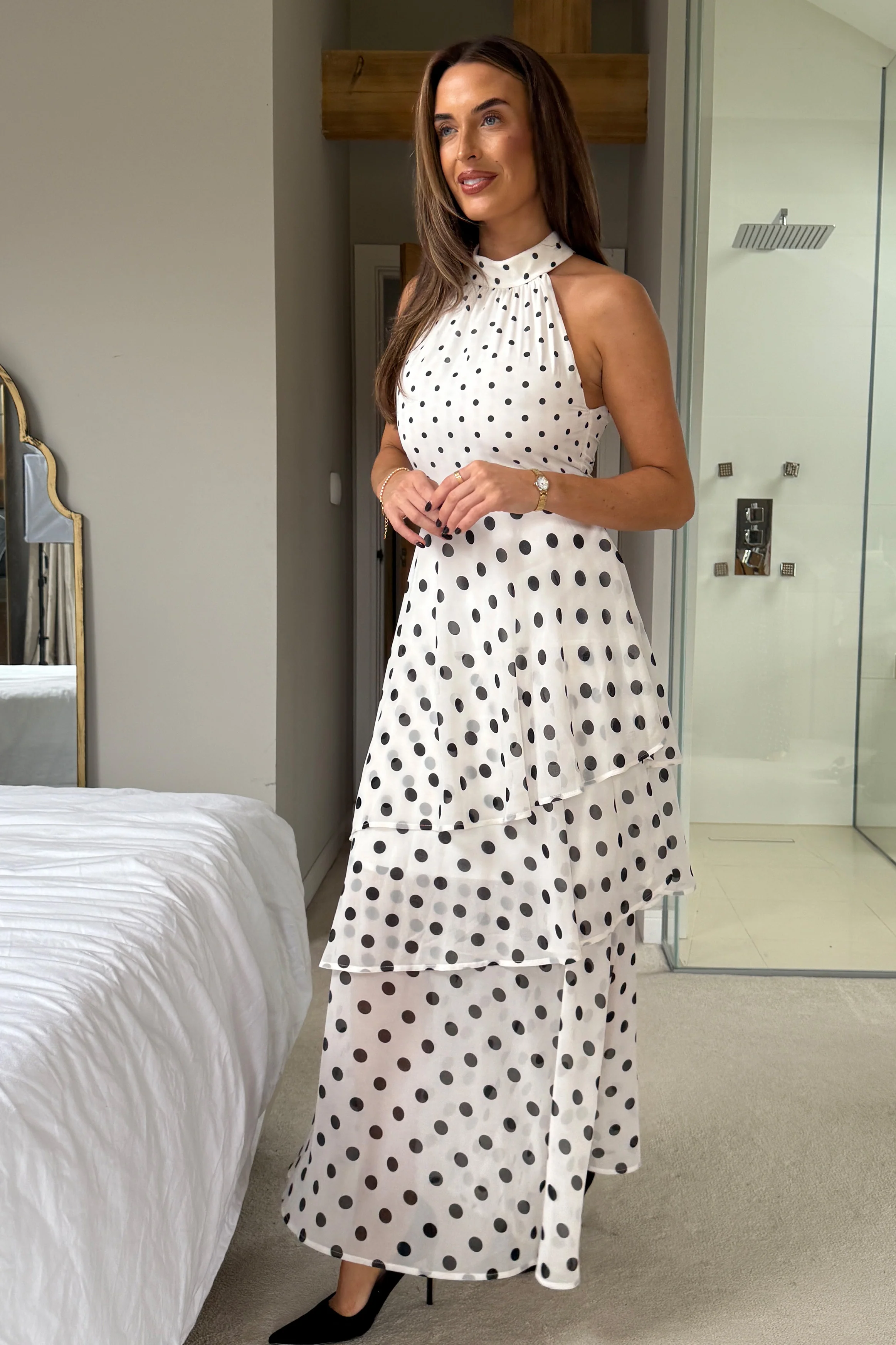 Iris Halterneck Layered Maxi Dress White Spot Print - Image 4