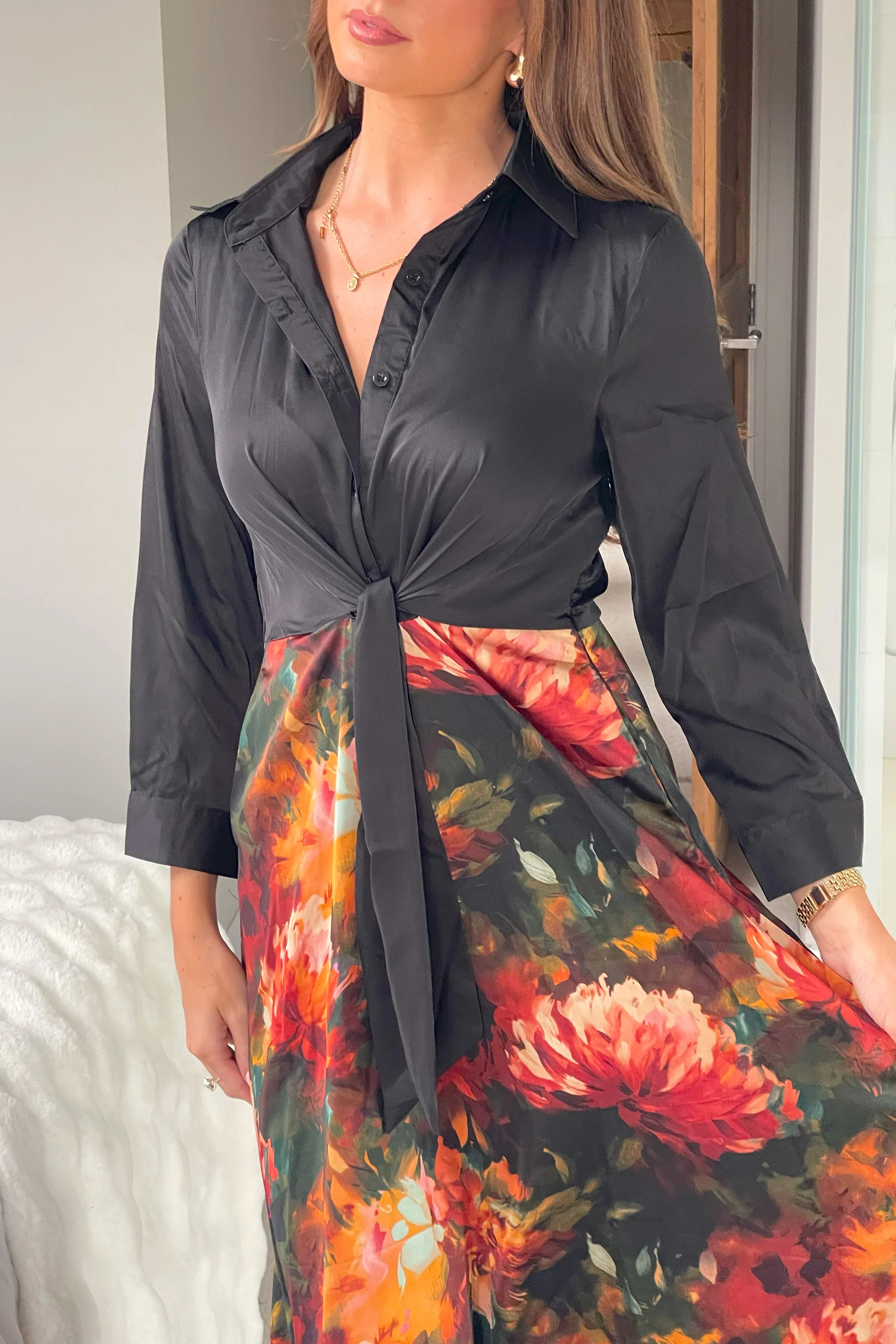 Isabella Black and Floral Tie Front Shirt Dress - Image 2