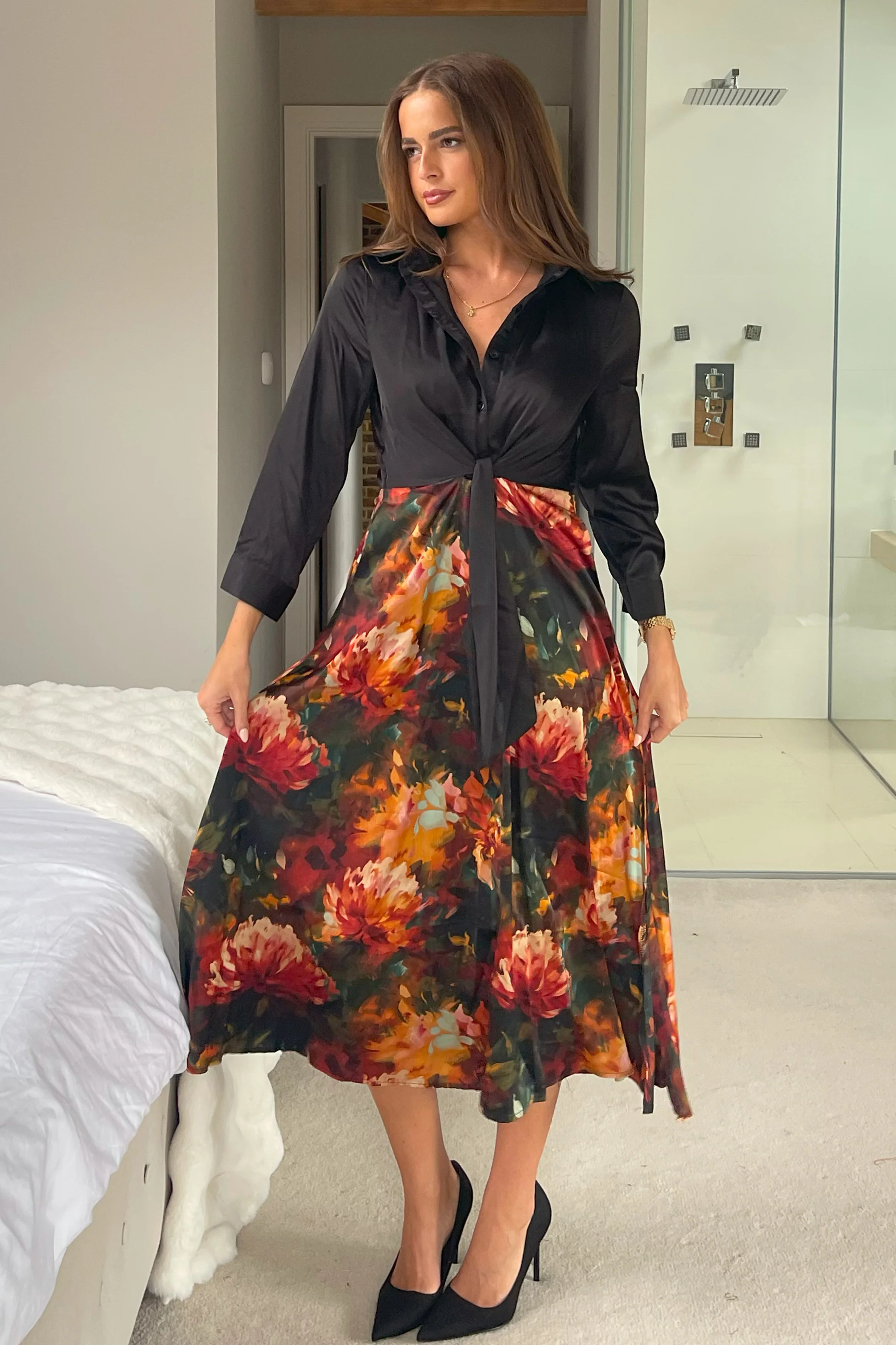 Isabella Black and Floral Tie Front Shirt Dress - Image 3