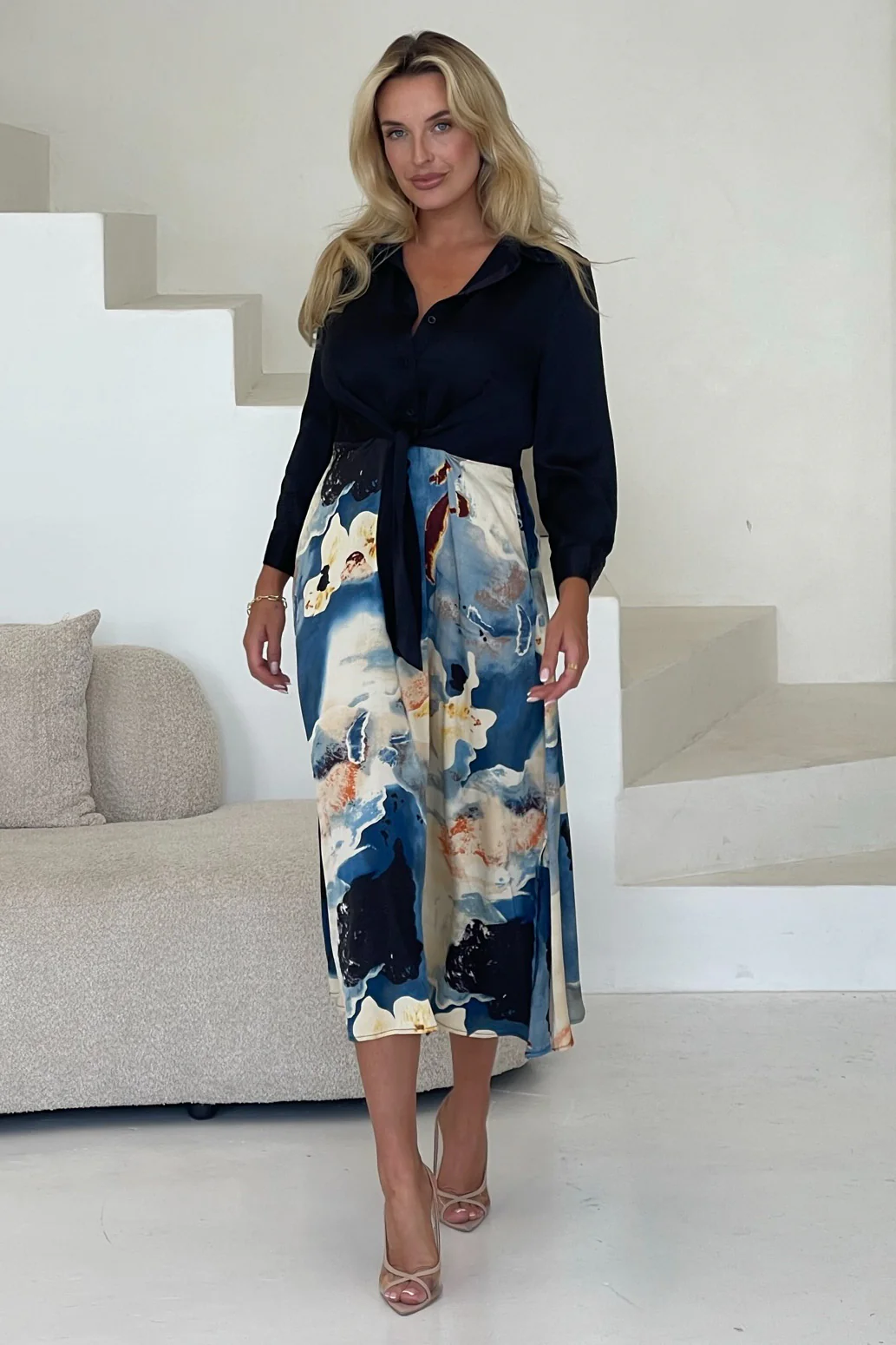 Isabella Black and Marble Tie Front Shirt Dress - Image 3