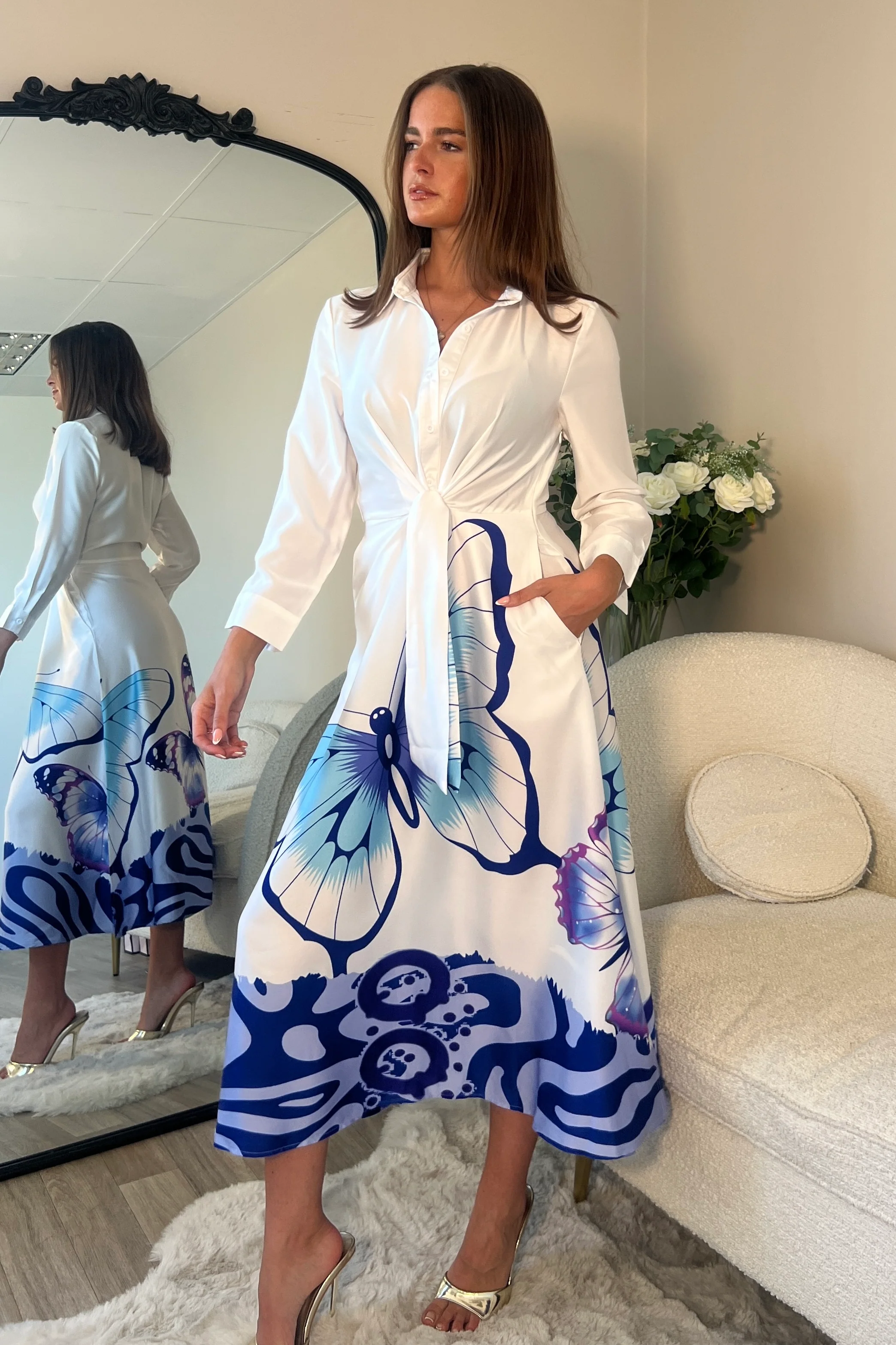 Isabella Blue Butterfly Tie Front Shirt Dress - Image 3