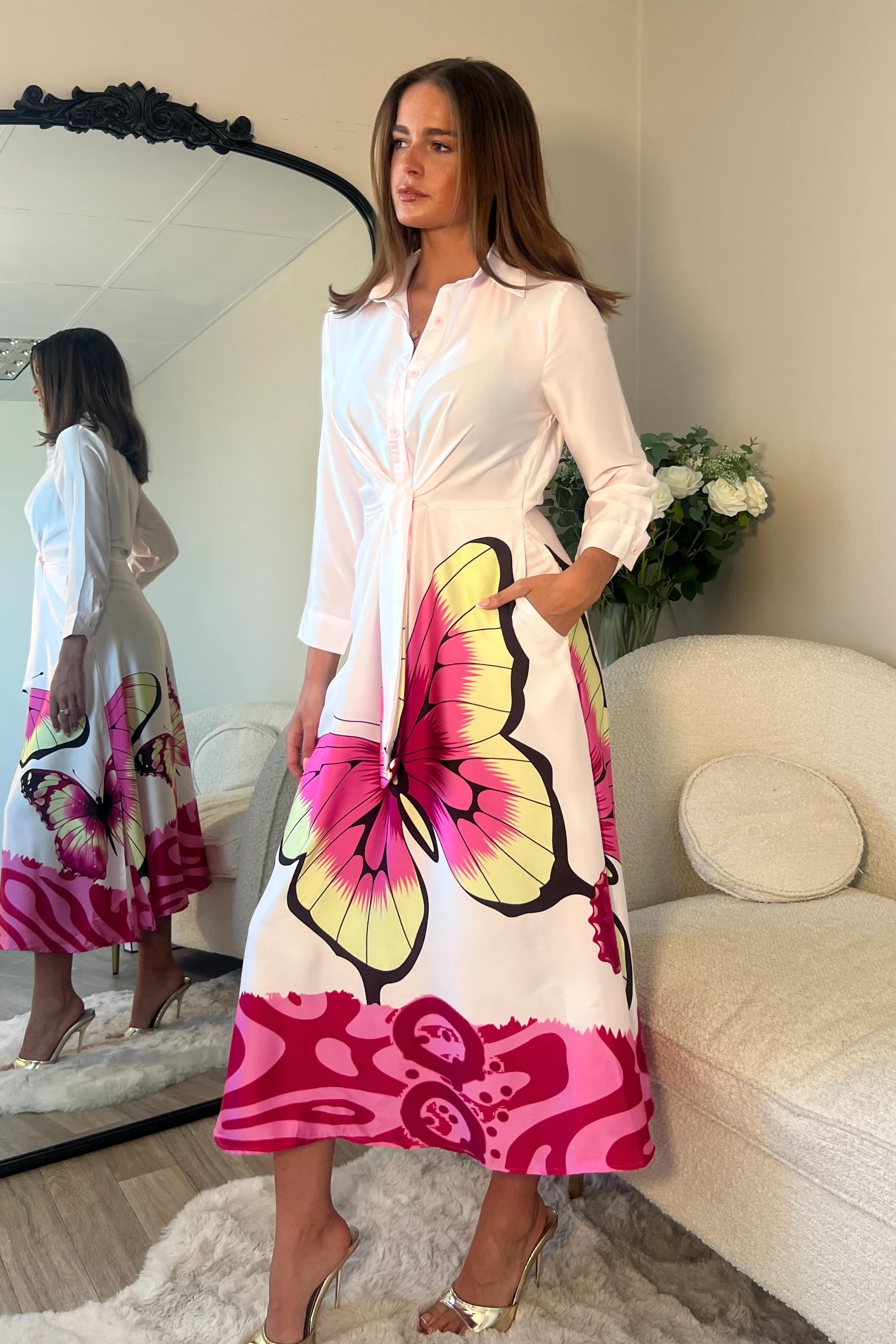 Isabella Pink Butterfly Tie Front Shirt Dress - Image 3