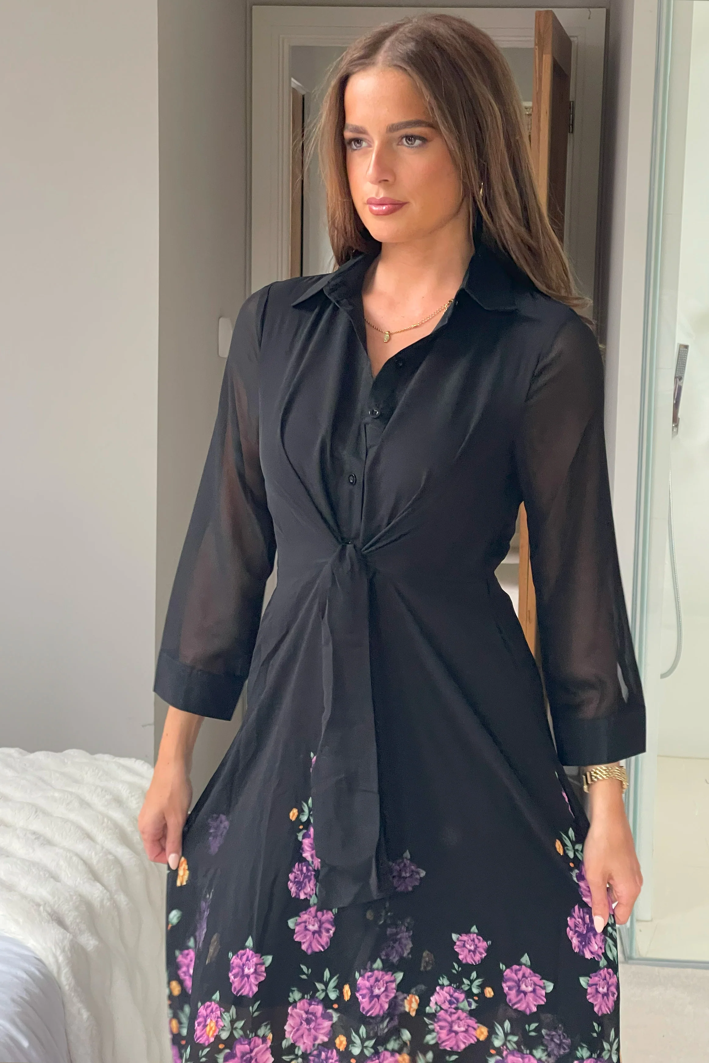 Isabella Purple Floral Boarder Tie Front Shirt Dress - Image 2