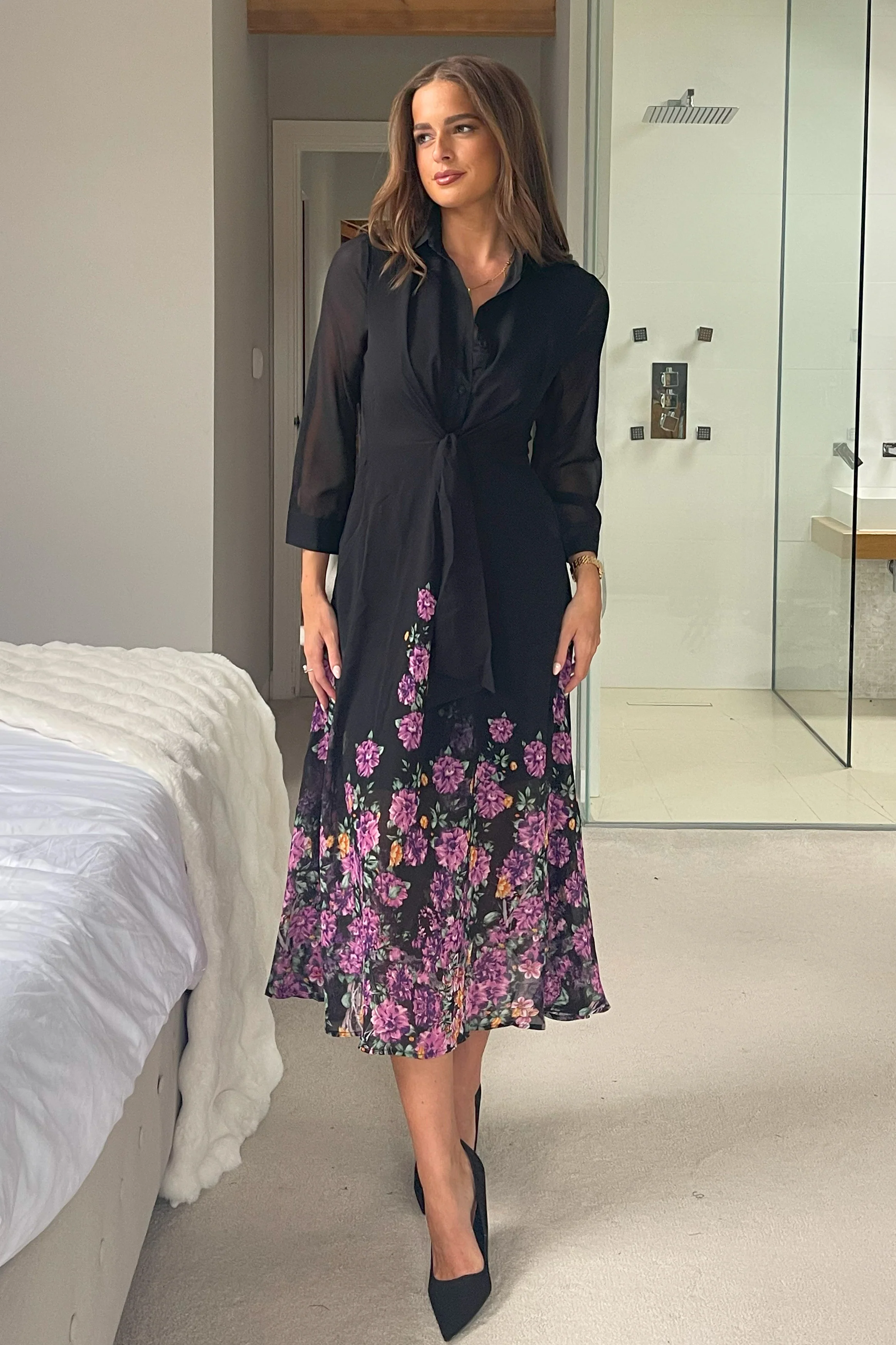 Isabella Purple Floral Boarder Tie Front Shirt Dress - Image 3